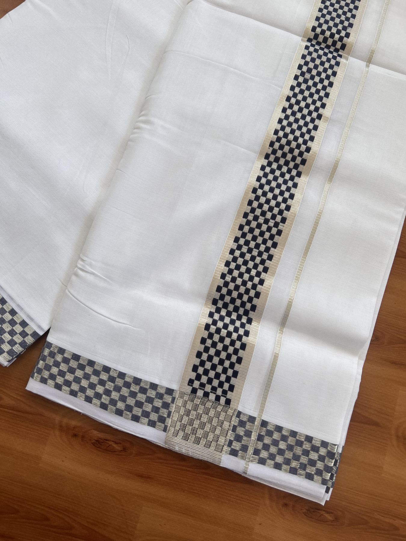 25% Disocunt! Pure White Kerala Handloom Unakkupaav - 100% Mercerised Cotton Double - Mundu/Dhoti - 100x80 - 2 inch Silver Kasavu & Navy Blue Jacquard Design Kara - 4 mtr (8.5 muzham) - 6 KK5384 ABH