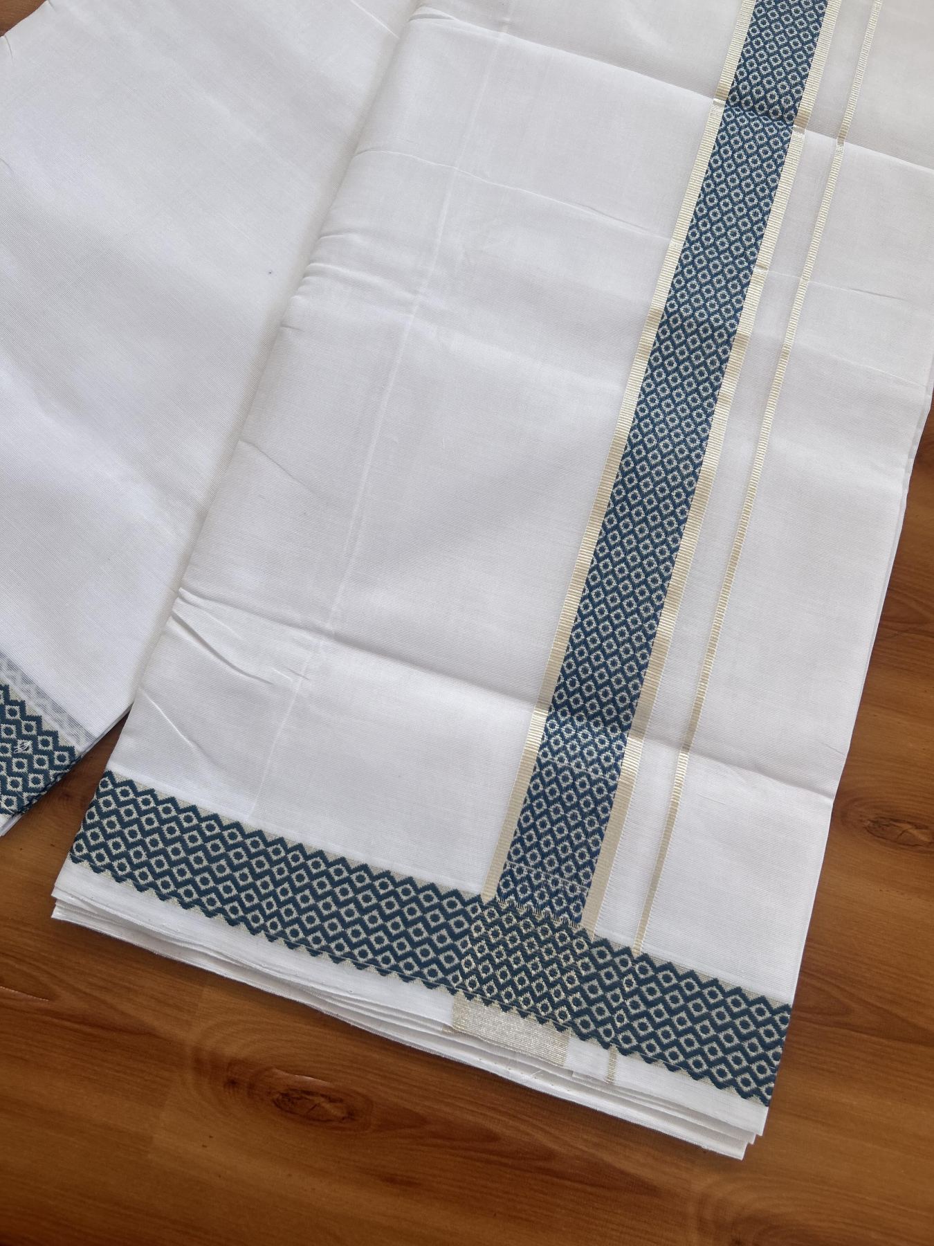 25% Disocunt! Pure White Kerala Handloom Unakkupaav - 100% Mercerised Cotton Double - Mundu/Dhoti - 100x80 - 1.5 inch Silver Kasavu & Peacock Blue Jacquard Design Kara - 4 mtr (8.5 muzham) - 7 KK5384 ABH