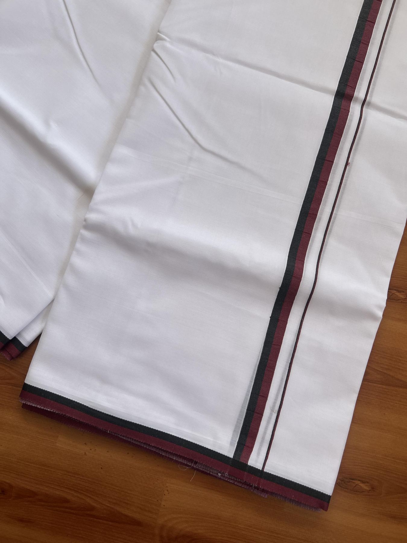 Dmk Veshti - 20% Discount ! KaithariKada 100% Mill Bleached Mercerised Cotton Pure White Double Mundu/Dhoti - 100X100 - 0.5 inch Black & Maroon kara 4 mtr (8.5 mulam)- 4 KK5385 KBF