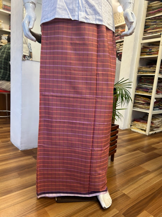 10% Discount ! KaithariKada Kalamachal 100% Pure Cotton - Handloom Single Mundu/Dhoti Red Kavi Peach Check Colour Body & Black 2.cm Kara- 161123KAILY028.Handloom Government Sealed.