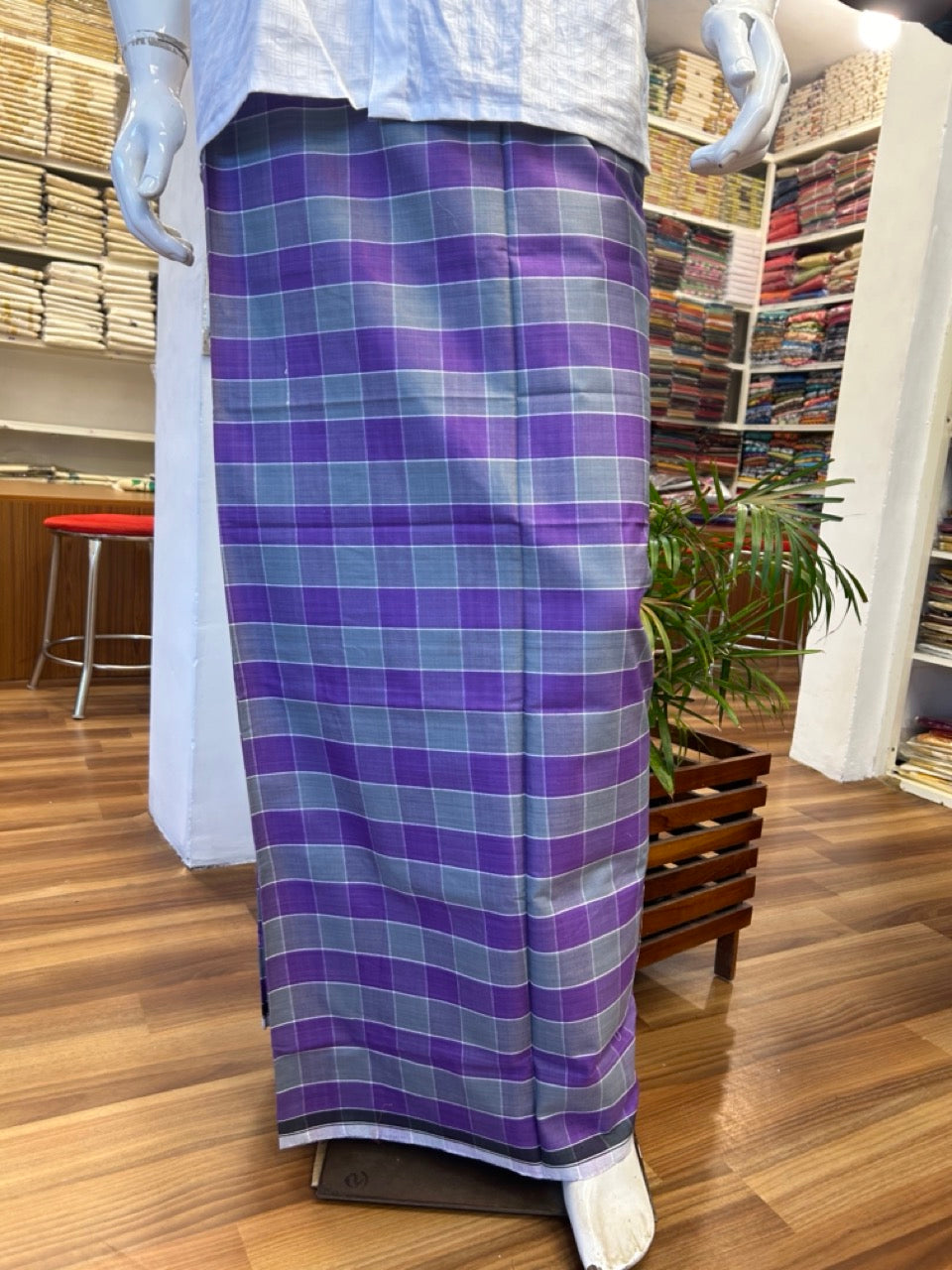 10% Discount ! KaithariKada Kalamachal 100% Pure Cotton - Handloom Single Mundu/Dhoti -Violet & Green Check Colour Body & Black & White 3.cm  Kara- 161123KAILY025.Handloom Government Sealed..