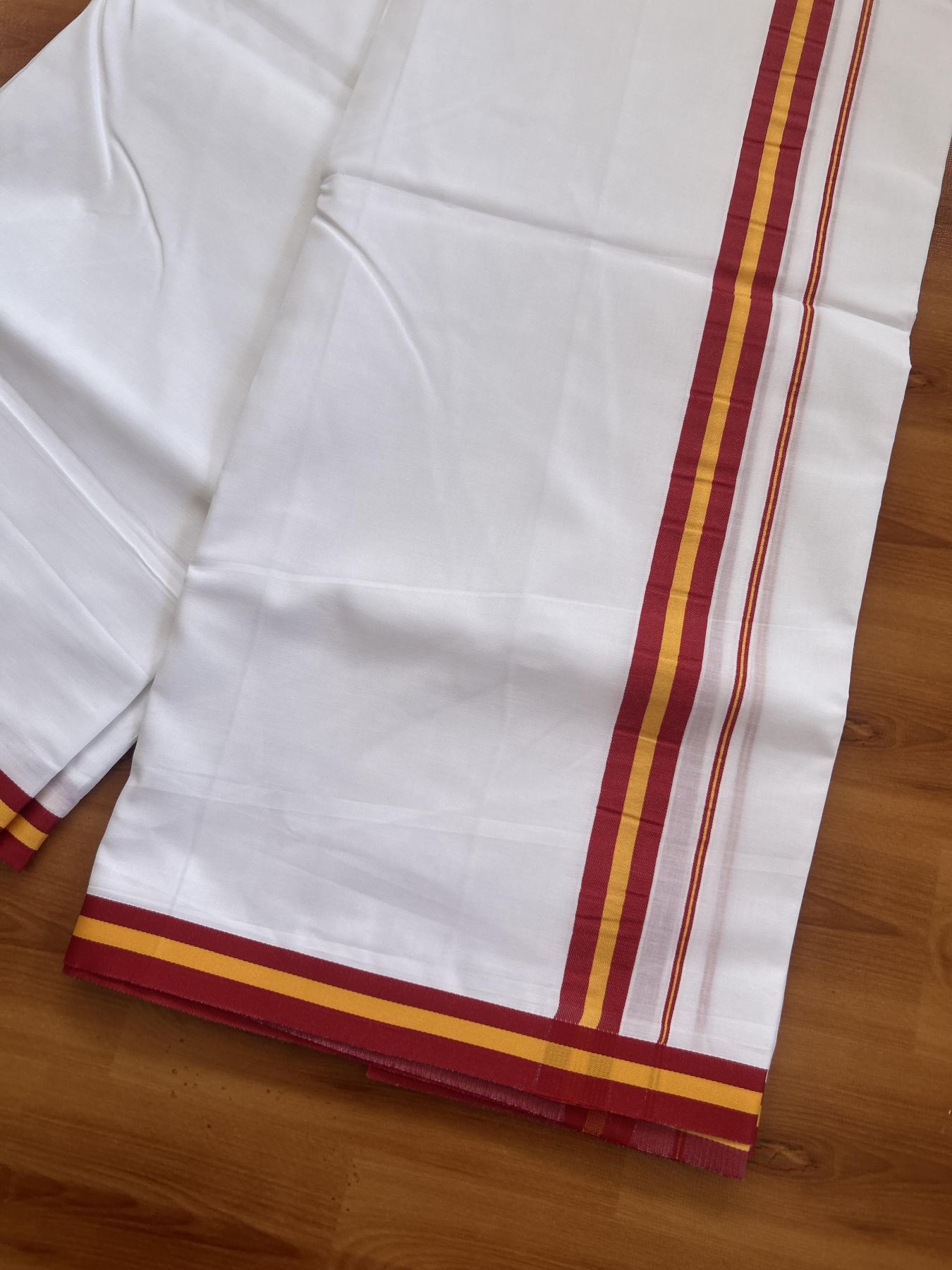 Tvk Veshti - 35% Discount! KaithariKada Balaramapuram 100% Mill Bleached Mercerised Cotton Double Pure white Mundu/Dhoti - 100x100 - 1 inch Dark Red & Yellow Kara - 4 mtr ( 8.5 muzham) - 9 KK5385 KBF