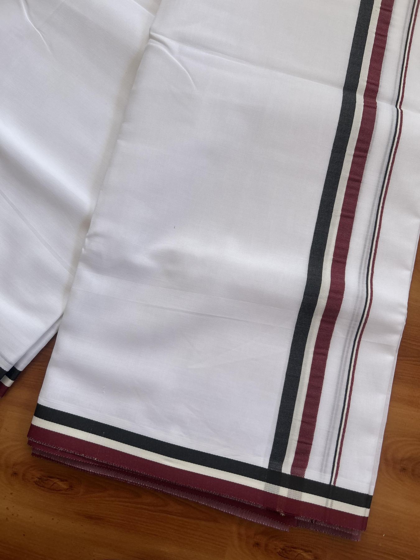 Admk Veshti - 20% Discount! KaithariKada 100% Mill Bleached Mercerised Cotton Pure white Double Mundu/Dhoti - 100X100 - 1 inch Black White & Maroon kara - 4 Mtr (8.5 muzham) - 7 KK5385 KBF