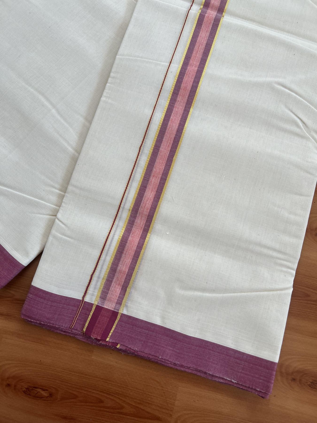 25% Discount! KaithariKada Handloom Millpaav - Kerala Handloom - Cotton Double Mundu/Dhoti Off white (Unbleached) - 80x90 - 1.25 inch Gold Kasav Dusty Maroon & Light orange Stripes Kara 3.80 meter (8 Muzham) -79 KK5383 RAM
