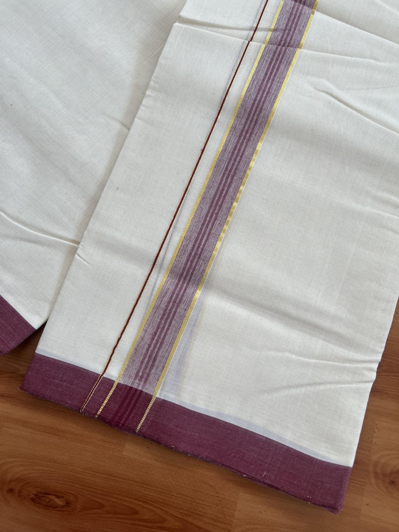 25% Discount! KaithariKada Handloom Millpaav - Kerala Handloom - Cotton Double Mundu/Dhoti Off white (Unbleached) - 80x90 - 1.25 inch Gold Kasav & Maroon Stripes Kara 3.80 meter (8 Muzham) - 83 KK5383 RAM