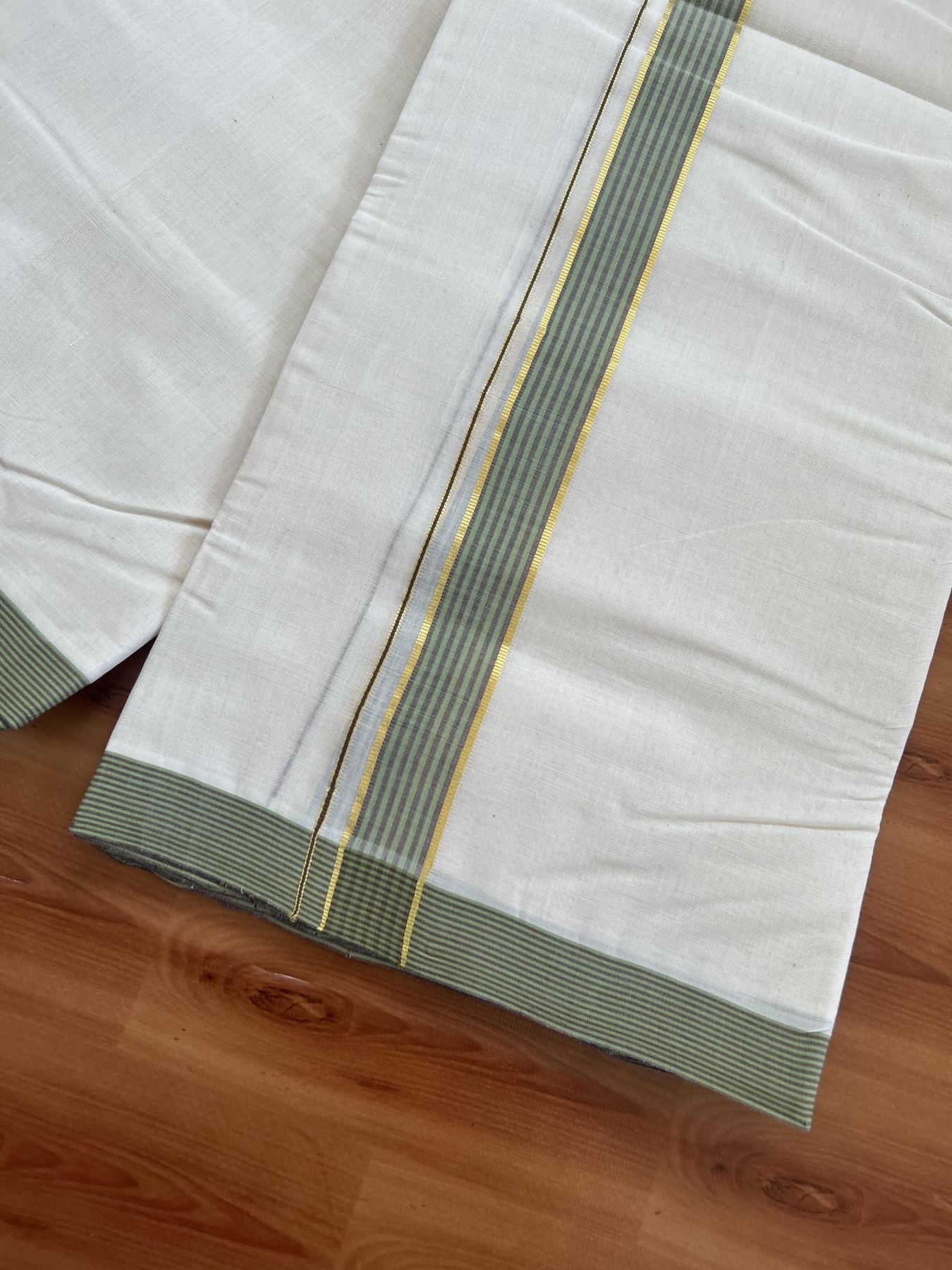 25% Discount! KaithariKada Handloom Millpaav - Kerala Handloom - Cotton Double Mundu/Dhoti Off white (Unbleached) - 80x90 - 1.25 inch Gold Kasav Green & Brown Shaded Stripes Kara 3.80 meter (8 Muzham) - 73 KK5383 RAM