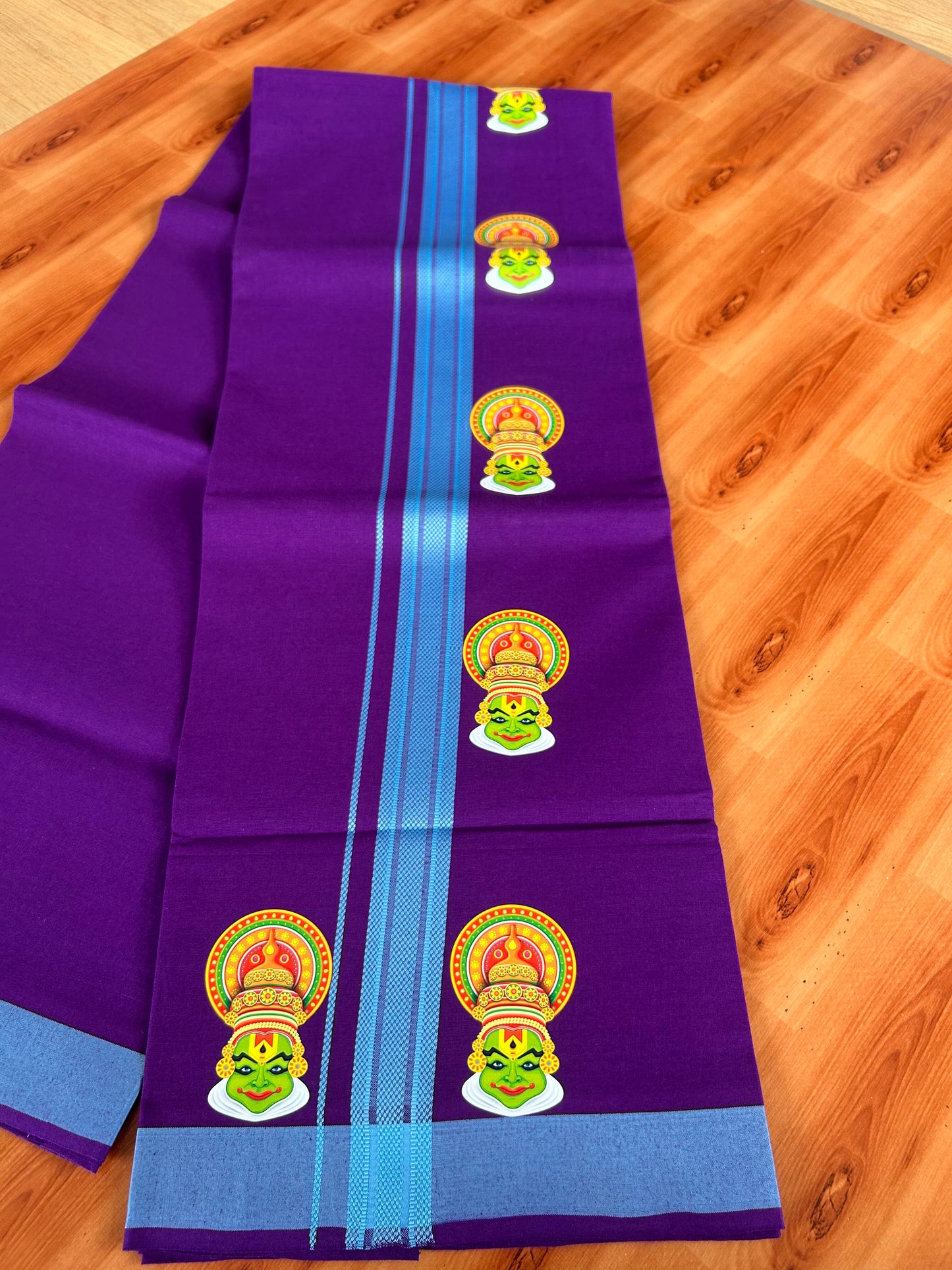 Single Kaily / Lungi- 20% Discount !! Kaitharikada - Pure Cotton - (40s) - 1.25 inch Light Blue Striped Kadhakali Printed Design Kara with Deep Violet colour Body (2 meter / 4 muzham) - 16 KK8059 GAN