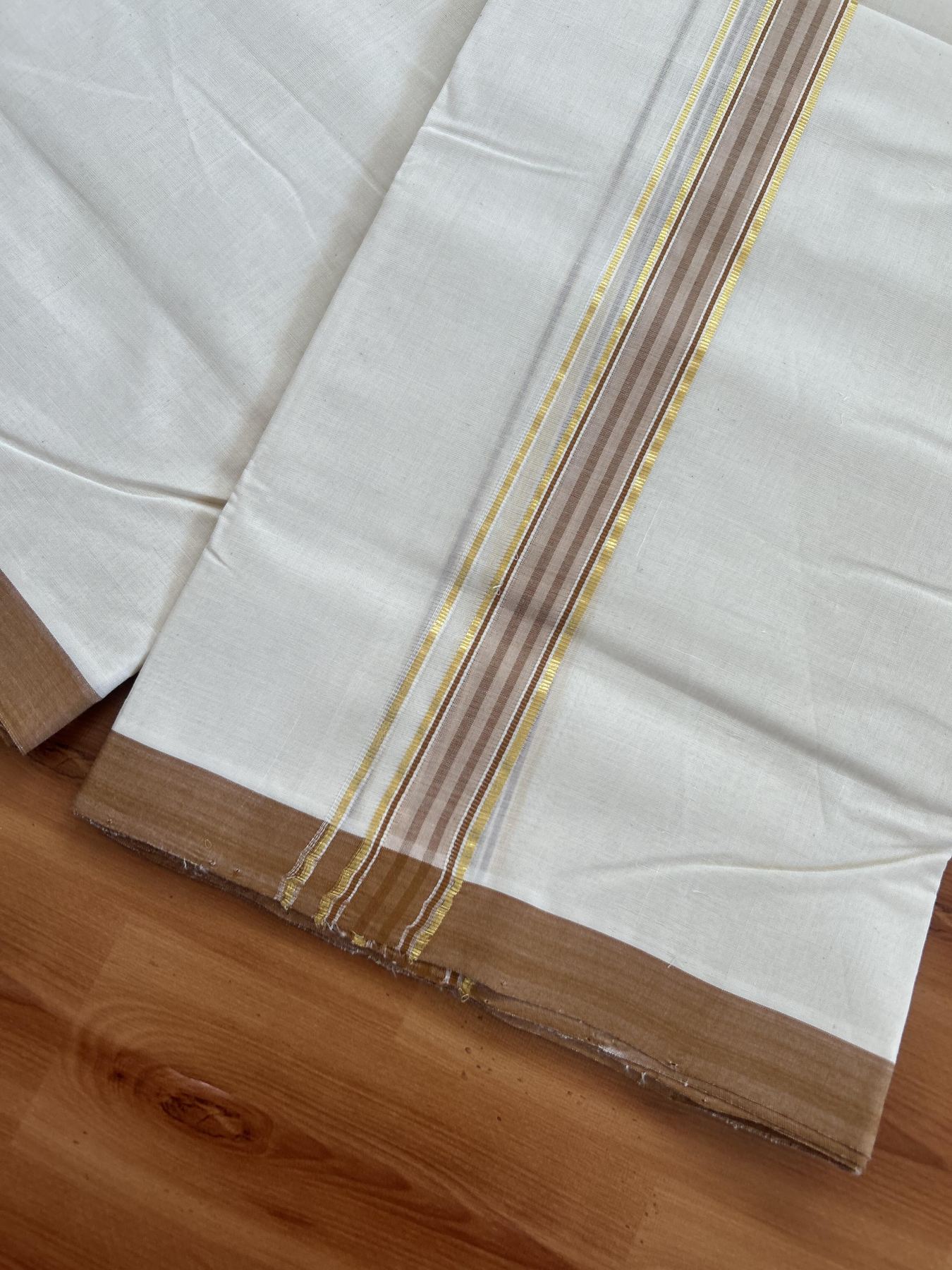 25% Discount! KaithariKada Handloom Millpaav - Kerala Handloom - Cotton Double Mundu/Dhoti Off white (Unbleached) - 80x90 - 1.25 inch Gold Kasav & Bronze Brown Shaded Stripes Kara 3.80 meter (8 Muzham) - 77 KK5383 RAM