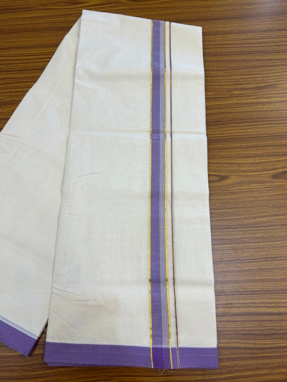 20% Discount !! KaithariKada Balaramapuram 100% Cotton Double Off white - (Unbleached) Mundu/Dhoti-100x100 - 1 inch Gold Kasav & Lavender Violet Striped Kara - 2 KK5274 ASH