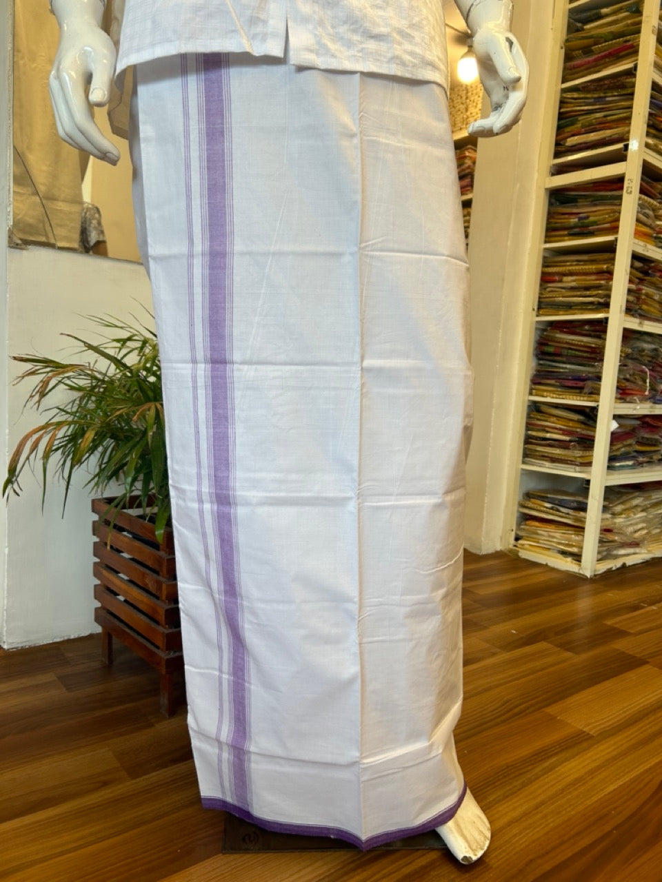 Ultimate HANDLOOM- 30% Discount! - Kaitharikada Kalamachal-Government Sealed HALLMARKED-100% PURE COTTON! (80x80) Twisted Thread- Light WHITE SINGLE Mundu / Dhoti - 2.25 inch Lavender Violet Striped Kara - 14KK478KAL