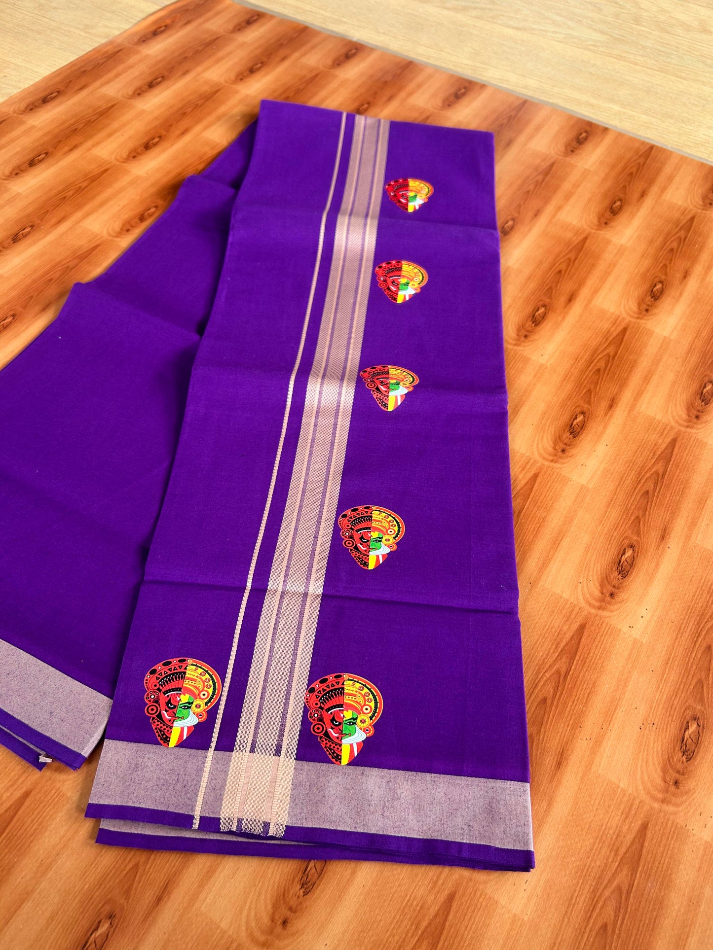 Single Kaily / Lungi- 20% Discount !! Kaitharikada - Pure Cotton - (40s) - 1.5 inch Cream Striped Theyyam & Kadhakali Printed Design Kara with Deep Violet colour Body (2 meter / 4 muzham) - 15 KK8059 GAN