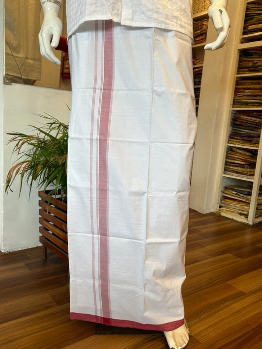 Ultimate HANDLOOM-25% Discount! - Kaitharikada Kalamachal-Government Sealed HALLMARKED-100% PURE COTTON! (80x80) Twisted Thread- Light WHITE SINGLE Mundu / Dhoti - 2.25 inch Red Striped Kara - 11KK478KAL