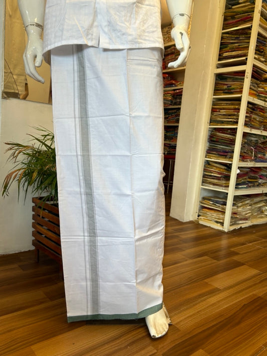 Ultimate HANDLOOM-25% Discount! - Kaitharikada Kalamachal-Government Sealed HALLMARKED-100% PURE COTTON! (80x80) Twisted Thread- Light WHITE SINGLE Mundu / Dhoti -1.85 inch Light Green Striped Kara - 9KK478KAL