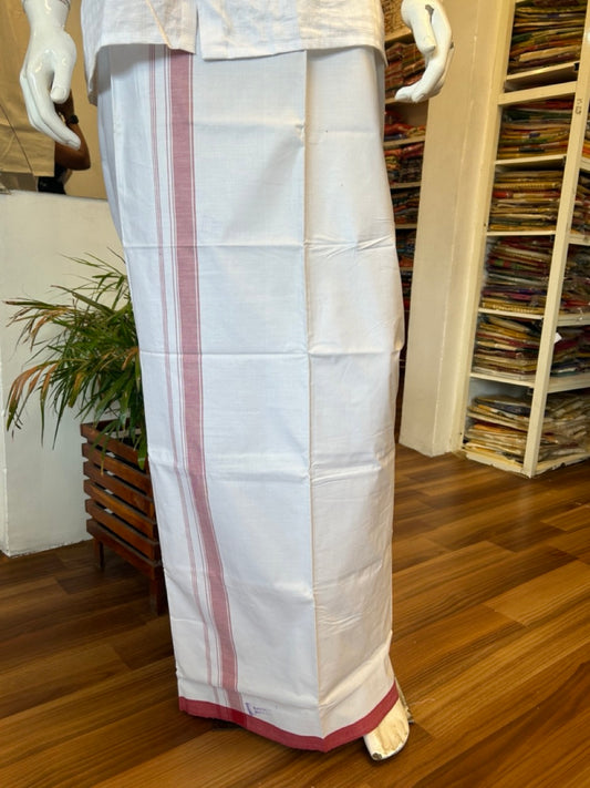Ultimate HANDLOOM-25% Discount! - Kaitharikada Kalamachal-Government Sealed HALLMARKED-100% PURE COTTON! (80x80) Twisted Thread- Light WHITE SINGLE Mundu / Dhoti - 2 inch Red Striped Kara - 12KK478KAL
