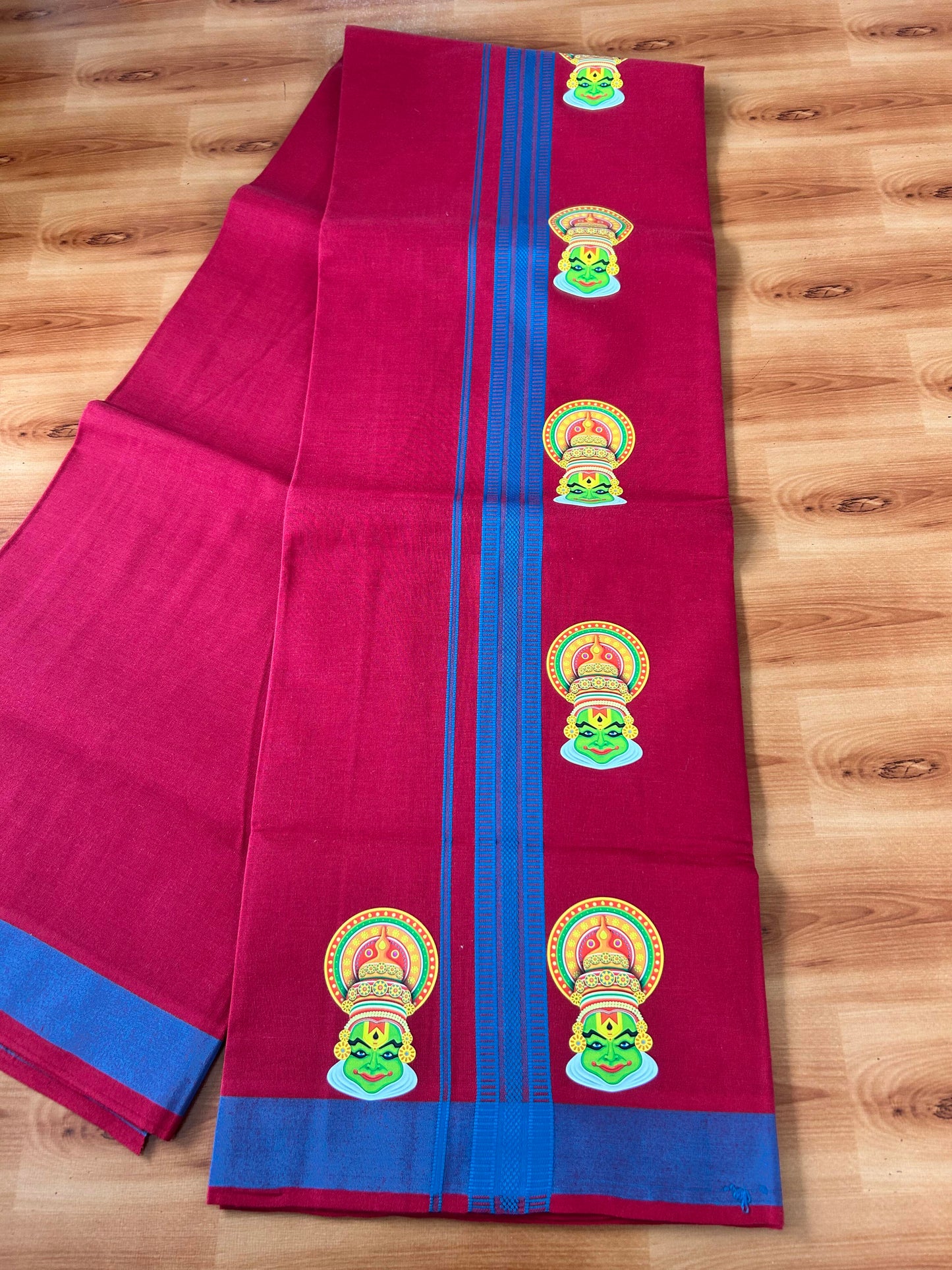 Single Kaily / Lungi- 20% Discount !! Kaitharikada - Pure Cotton - (40s) - 1.25 inch Peacock Blue Striped Kadhakali Printed Design Kara with Maroon colour Body (2 meter / 4 muzham) - 28 KK8059 GAN