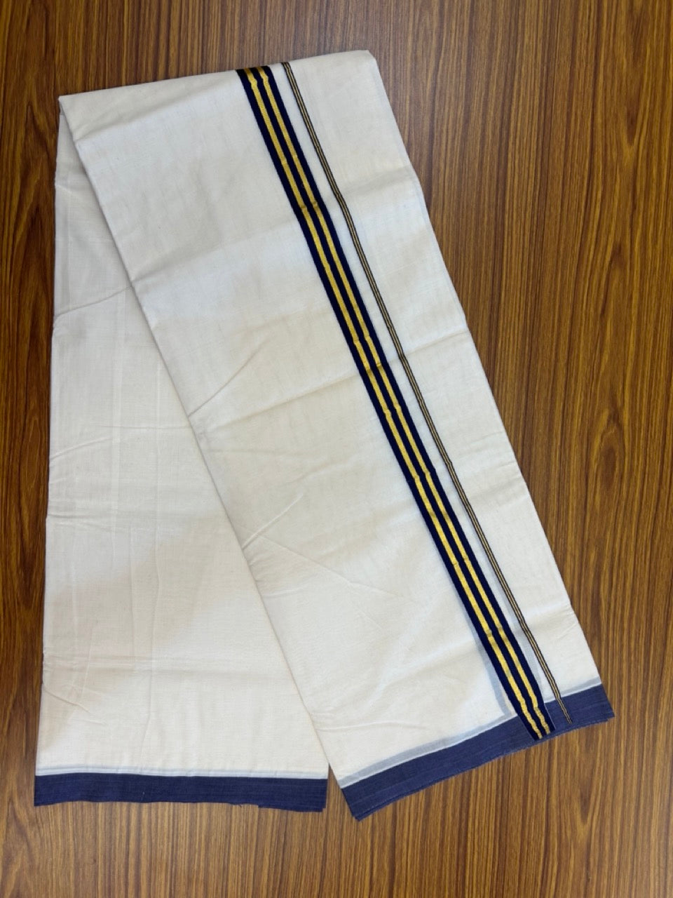 20% Discount !! KaithariKada Balaramapuram 100% Cotton Double Off white - (Unbleached) Mundu/Dhoti-100x100 - 1 inch Gold Kasav & Navy Blue Striped Kara - 3 KK5274 ASH