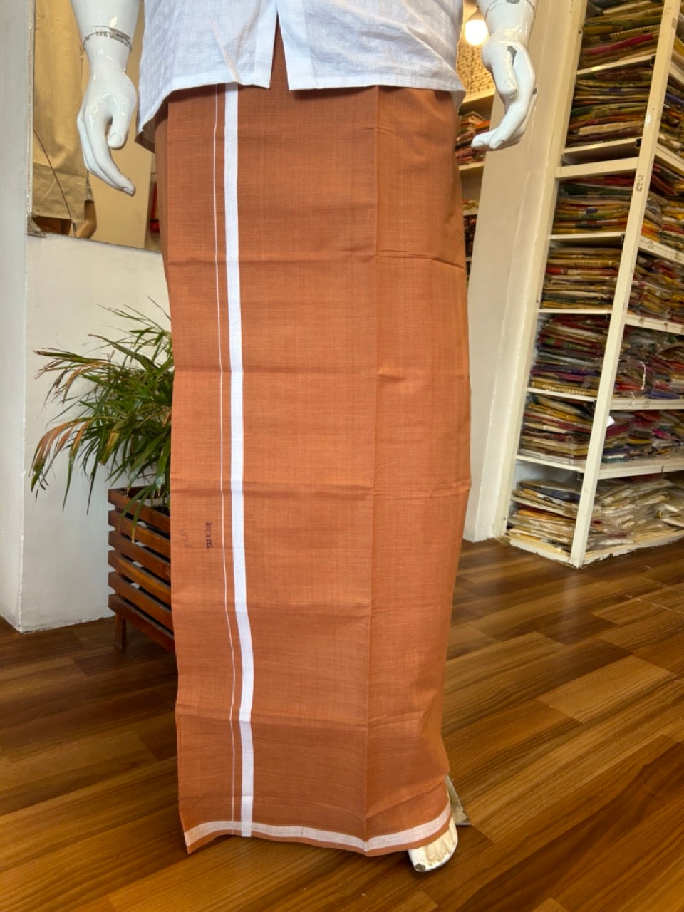 KaithariKada 100% Pure Cotton - HANDLOOM Single Mundu/Dhoti KAVI Brown COLOUR BODY & White 2.5cm Kara- 6KK445VAS