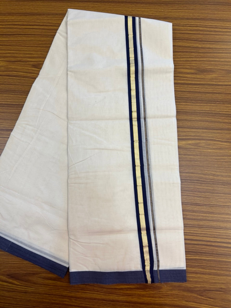 20% Discount !! KaithariKada Balaramapuram 100% Cotton Double Off white - (Unbleached) Mundu/Dhoti-100x100 - 1 inch Gold Kasav & Navy Blue Striped Kara - 4 KK5274 ASH