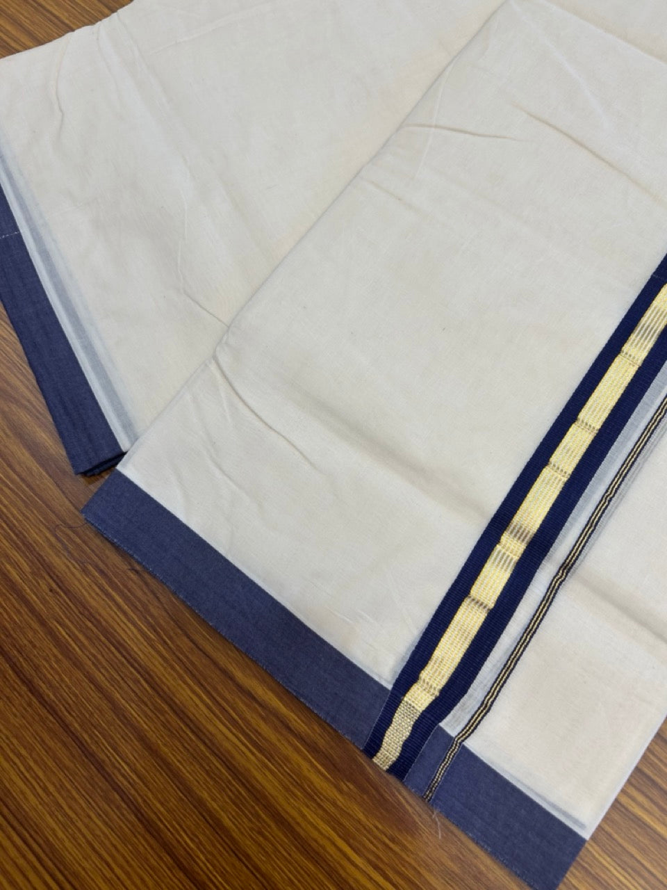 20% Discount !! KaithariKada Balaramapuram 100% Cotton Double Off white - (Unbleached) Mundu/Dhoti-100x100 - 1 inch Gold Kasav & Navy Blue Striped Kara - 4 KK5274 ASH