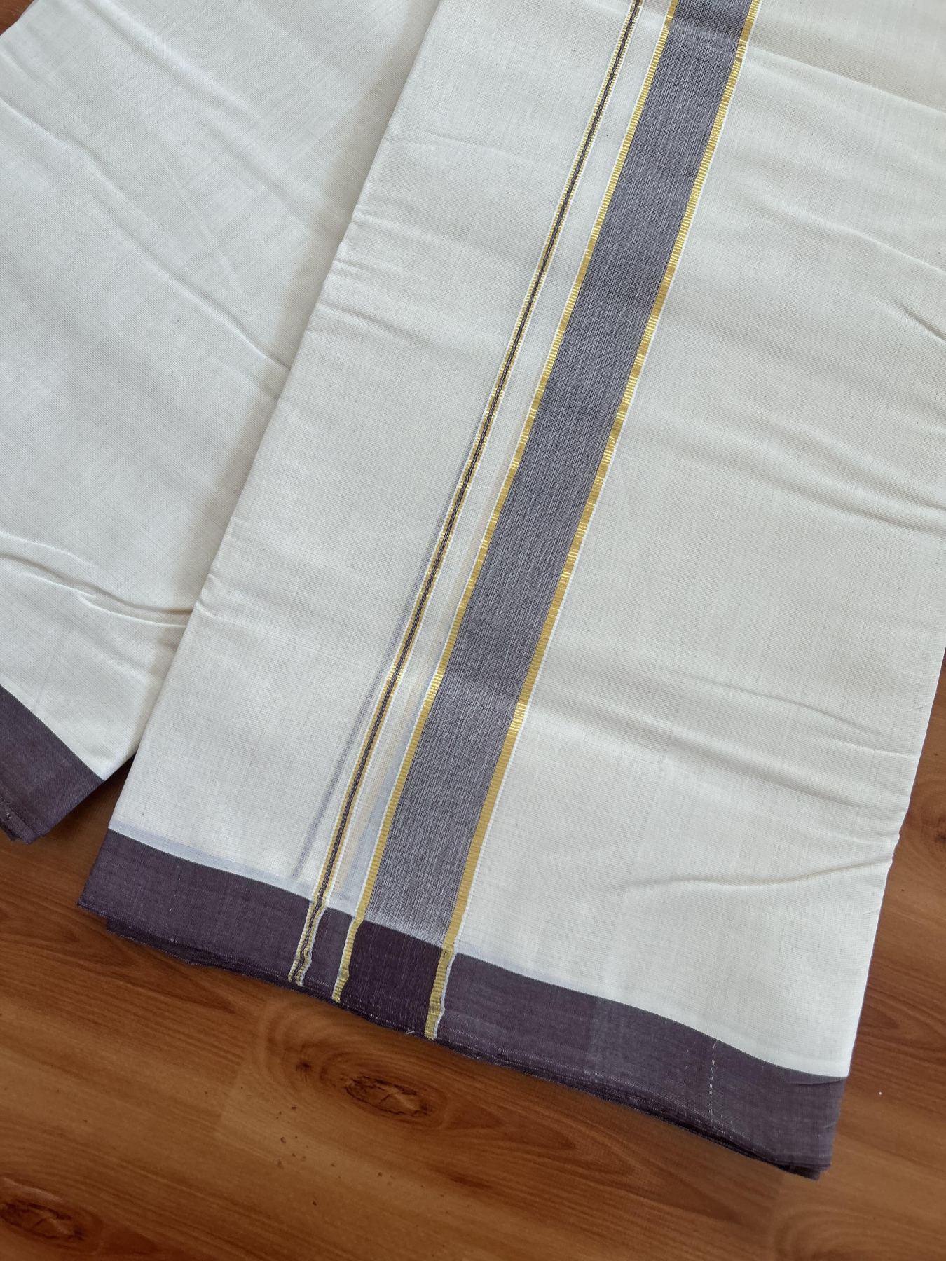 25% Discount! KaithariKada Handloom Millpaav - Kerala Handloom - Cotton Double Mundu/Dhoti Off white (Unbleached) - 80x90 - 1.25 inch Gold Kasav & Chocolate Brown Shaded Kara 3.80 meter (8 Muzham) - 80 KK5383 RAM