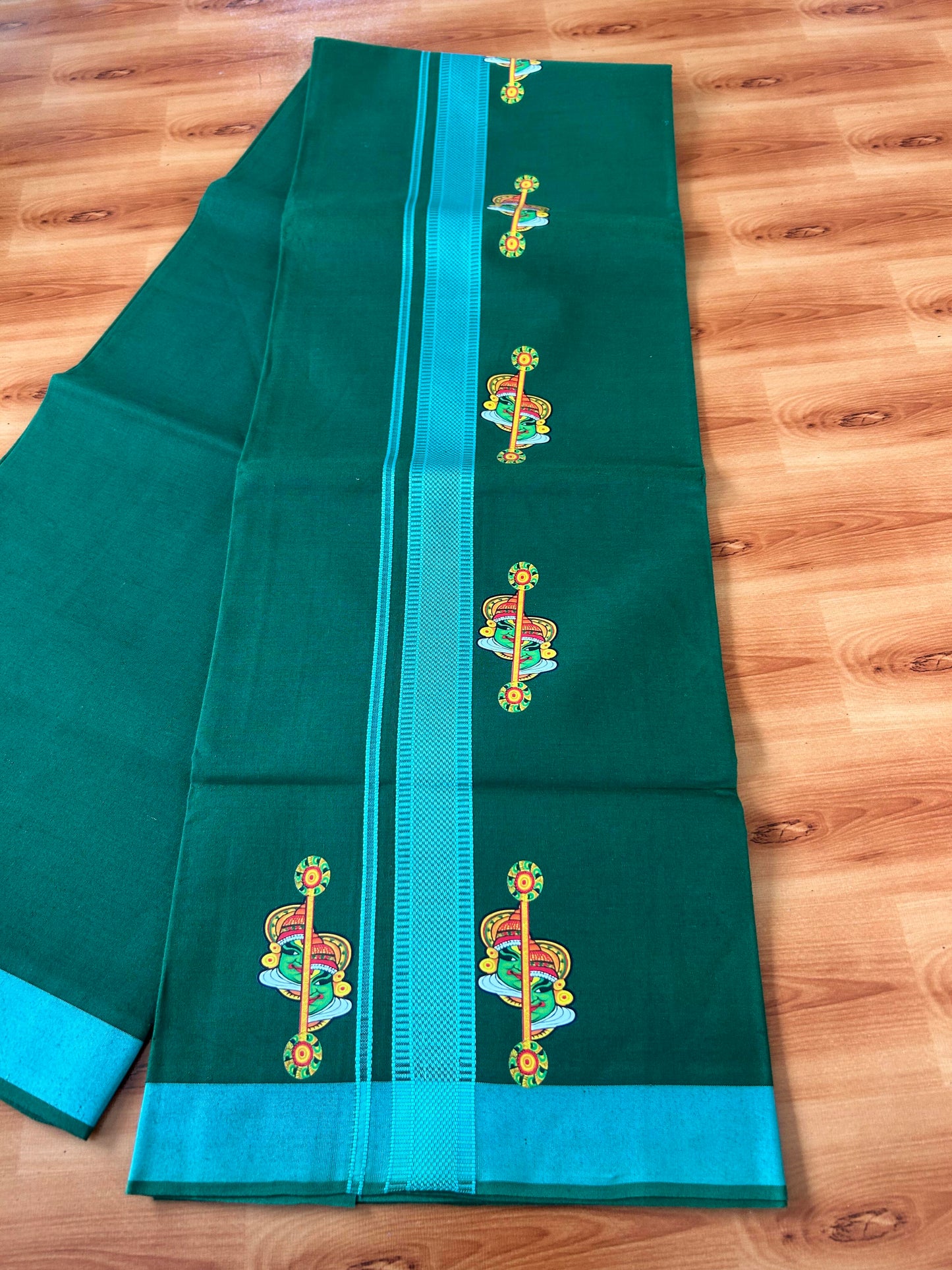 Single Kaily / Lungi- 20% Discount !! Kaitharikada - Pure Cotton - (40s) - 1.25 inch Teal Green Striped kathakali Printed Design Kara with Green colour Body (2 meter / 4 muzham) - 5 KK8059 GAN