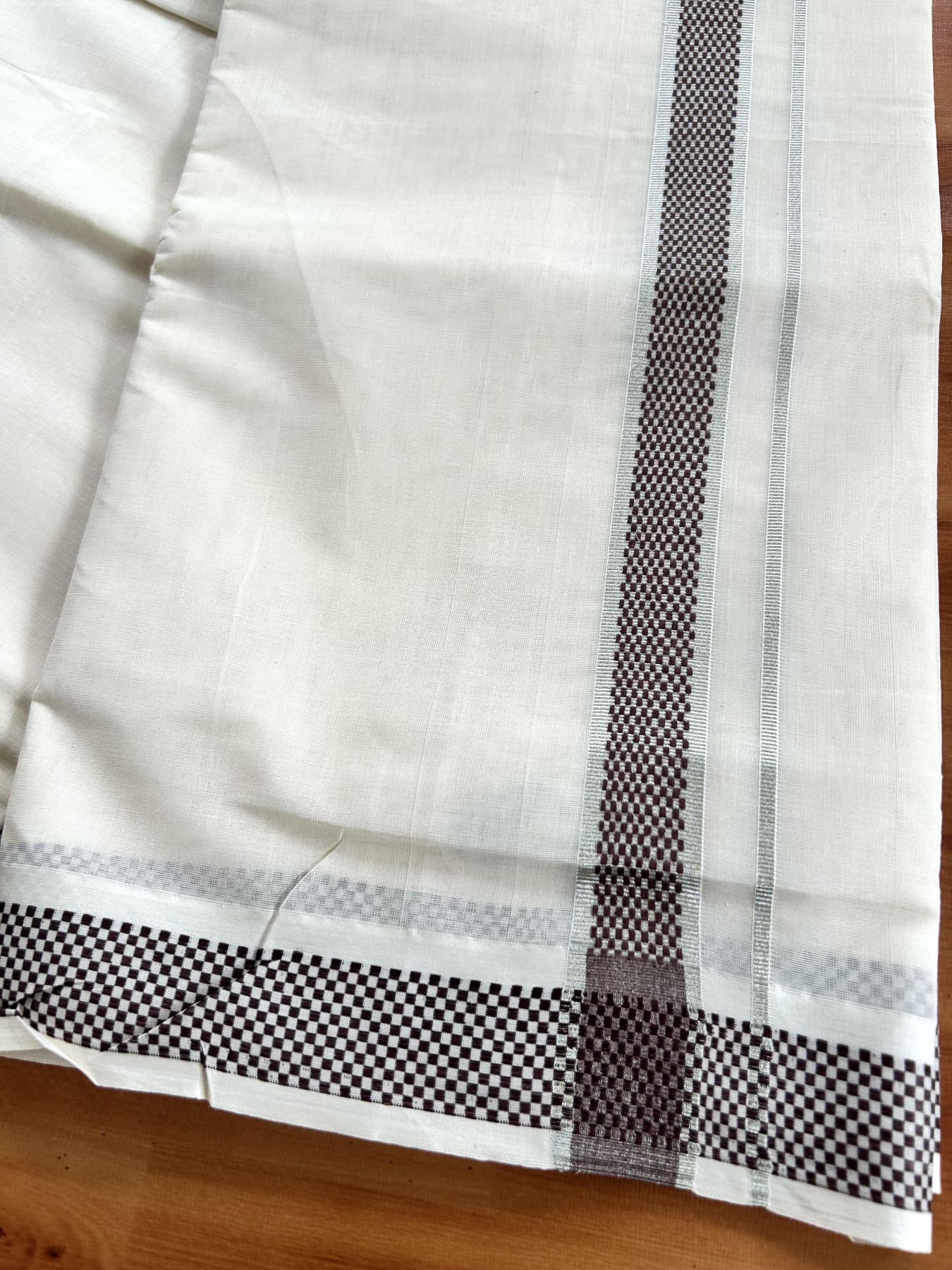 Double Off White (Unbleached) Mundu/Dhoti - 20% Discount! Kaitharikada Pure Cotton - 100x80 - 1.25 Inch Silver Kasav & Brown Jacquard Design Kara 4 mtr (8.5 muzham) - 54 KK5460 PMC