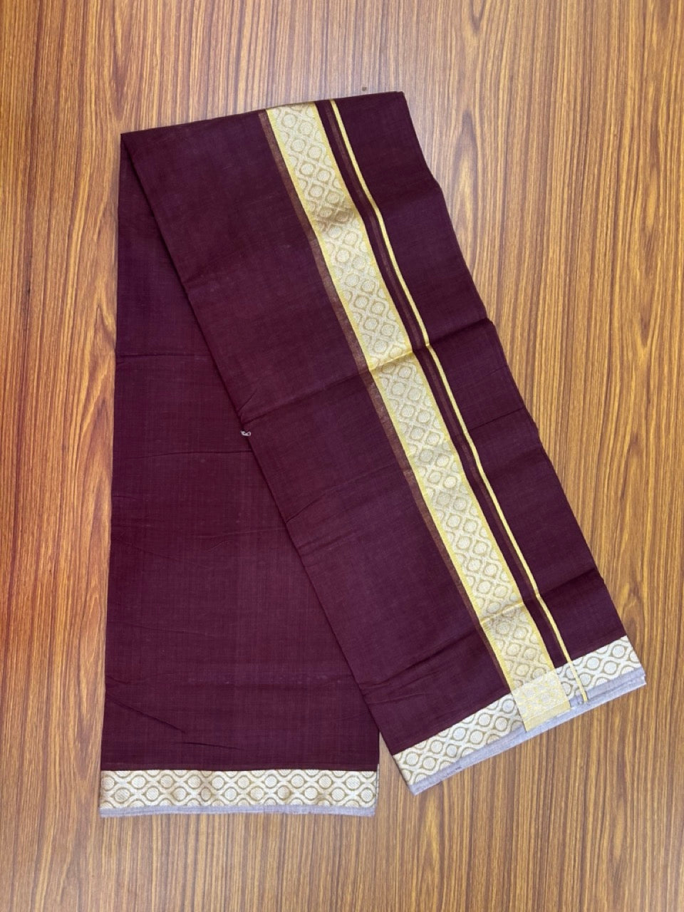 25% Discount! KaithariKada Handloom UNAKKUPAAV Balaramapuram - 100% Cotton Double Mundu/Dhoti - Wine Purple Colour Body - 1.75 inch Gold Kasavu & Silver Kasav Jacquard Design Kara - 1 KK5272 YAR