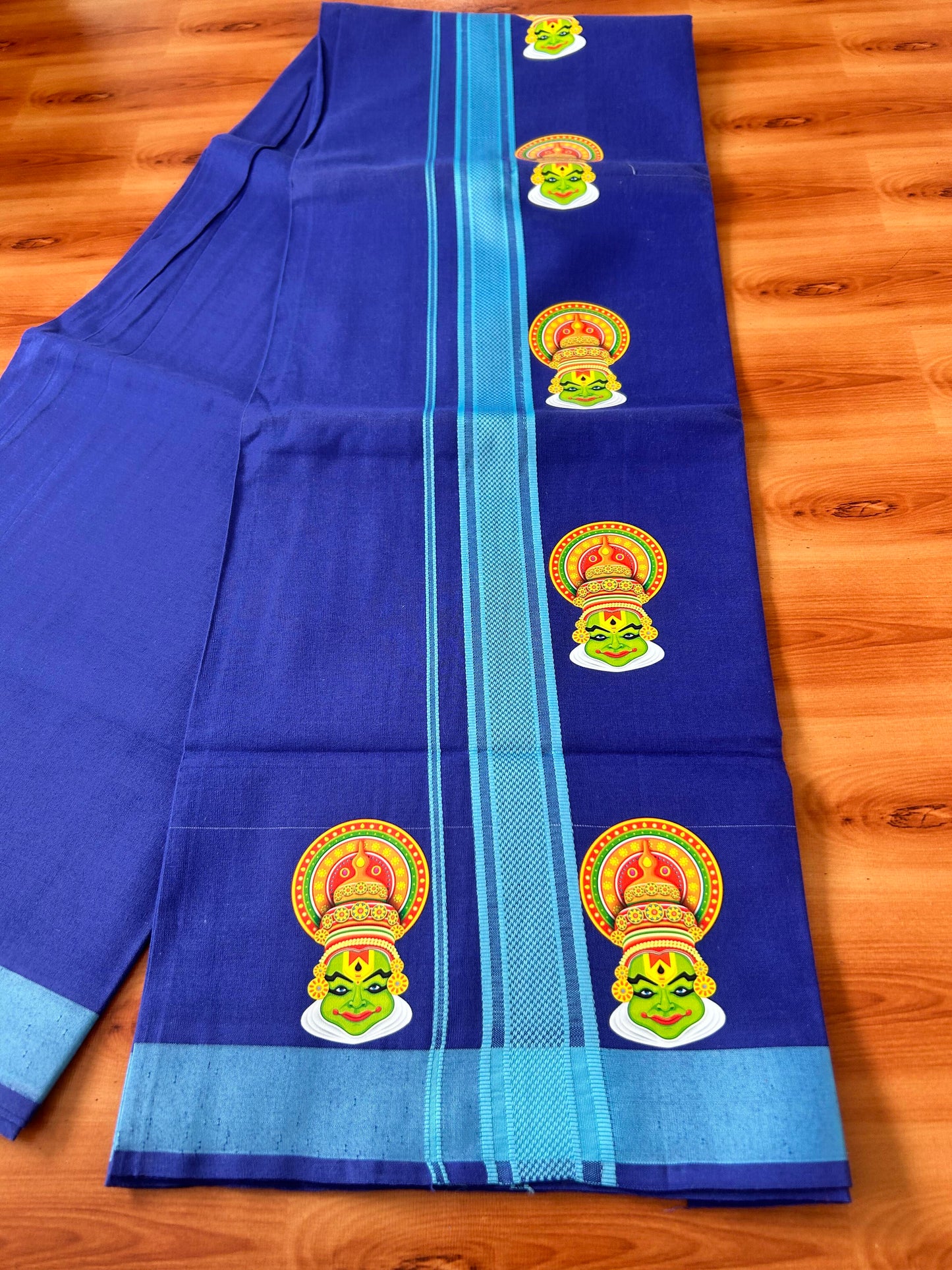 Single Kaily / Lungi- 20% Discount !! Kaitharikada - Pure Cotton - (40s) - 1.25 inch Light Blue Striped kathakali Printed Design Kara with Dark Blue colour Body (2 meter / 4 muzham) - 9 KK8059 GAN