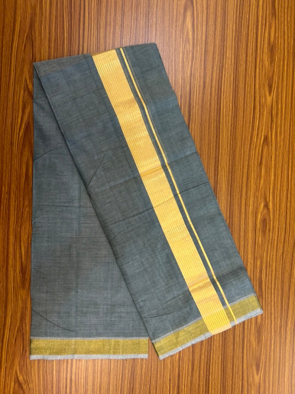 25% Discount! KaithariKada Handloom UNAKKUPAAV Balaramapuram - 100% Cotton Double Mundu/Dhoti - Green Shaded Colour Body - 2 inch Gold Kasavu Striped Kara - 2 KK5272 YAR