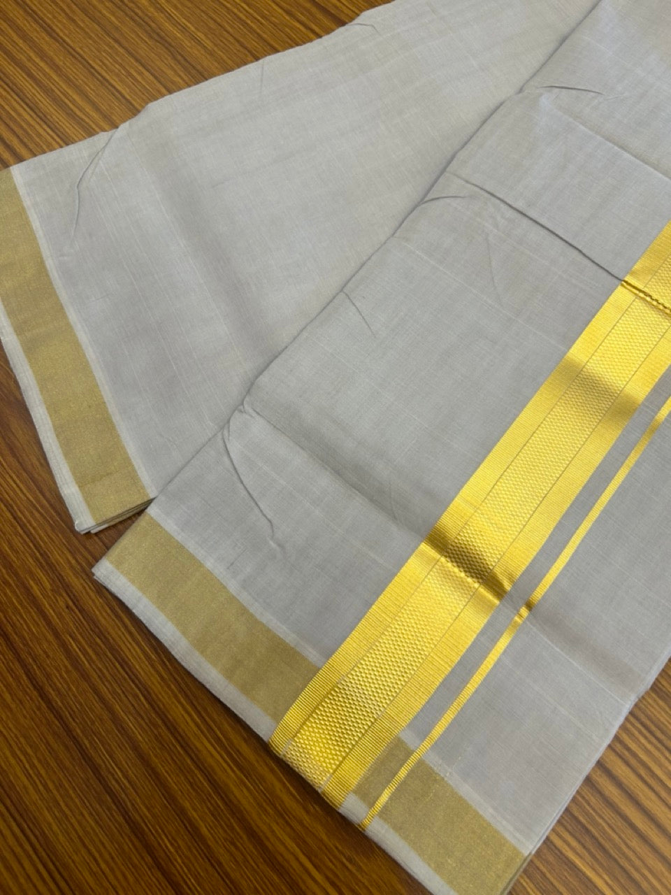 25% Discount! KaithariKada Handloom UNAKKUPAAV Balaramapuram - 100% Cotton Double Mundu/Dhoti - Light Ash Shaded Colour Body - 1.75 inch Gold Kasavu Striped Design Kara - 3 KK5272 YAR