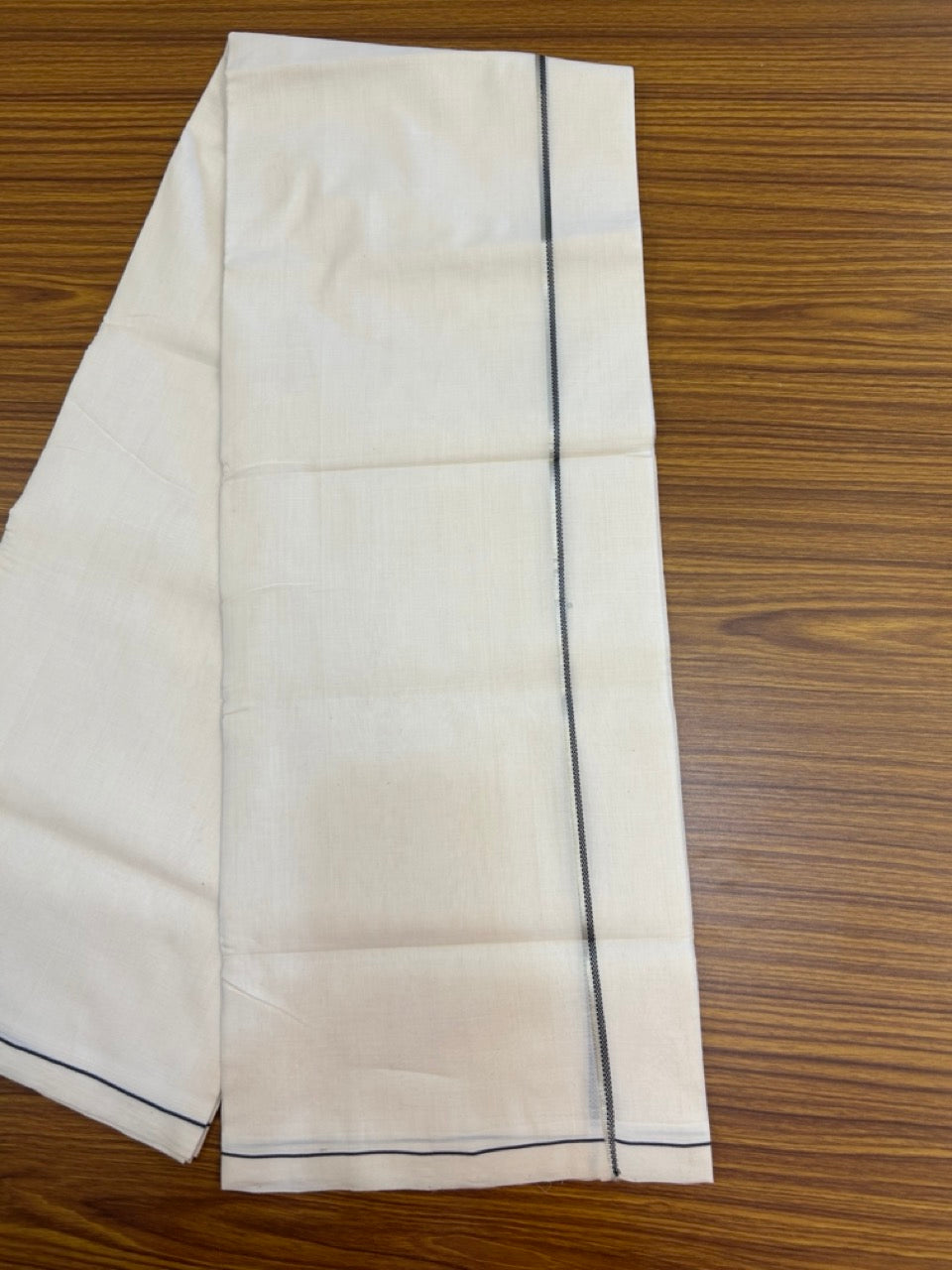 25% DISCOUNT! KaithariKada BALARAMAPURAM HANDLOOM UNAKKUPAAV - 100% PURE Cotton Off white (Unbleached) Double Mundu/Dhoti - 0.25 inch Silver Kasavu & Muthukkuri Black Kara (8.5 Muzham) - 4KK5272 YAR