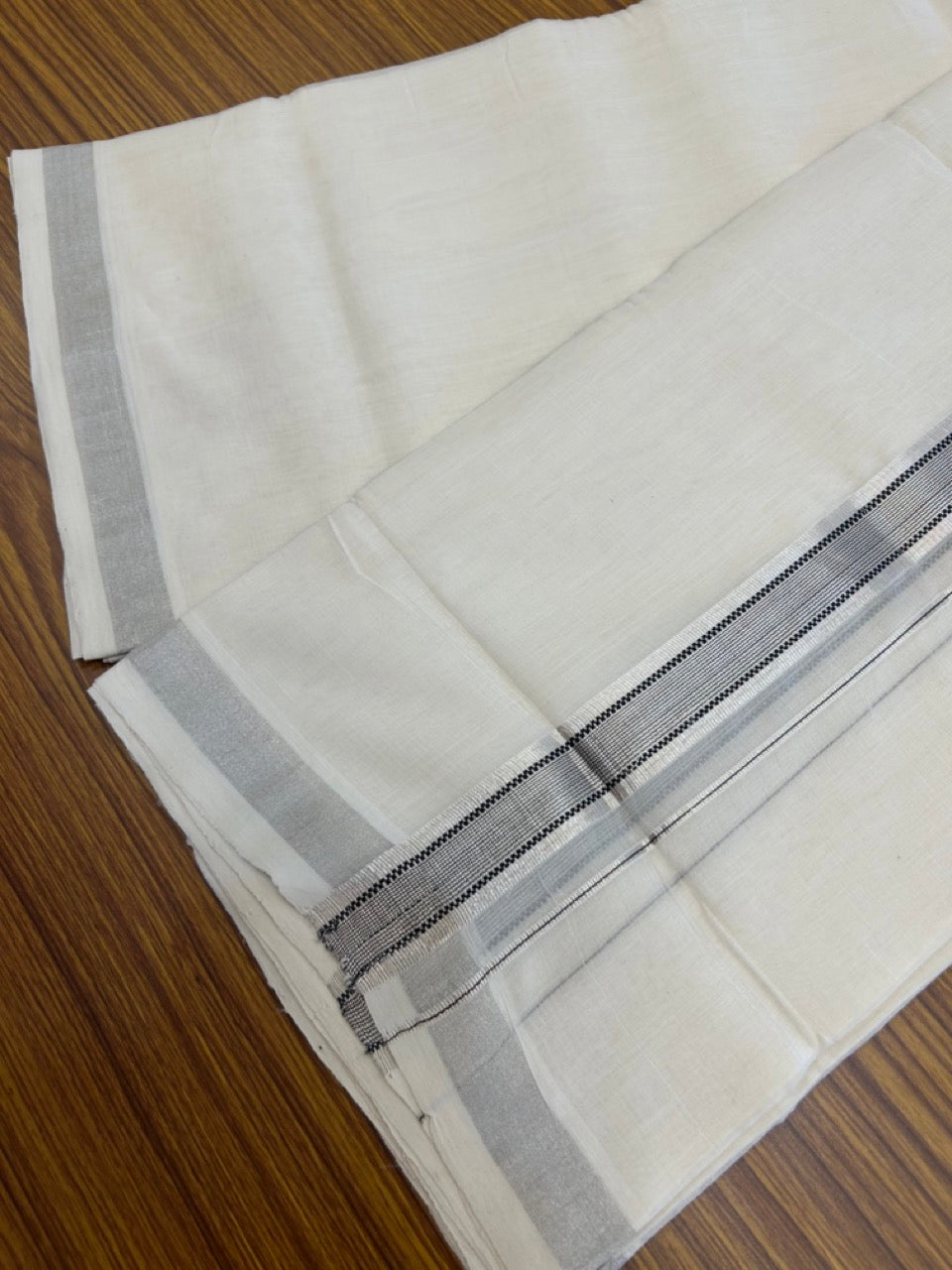 25% DISCOUNT! KaithariKada BALARAMAPURAM HANDLOOM UNAKKUPAAV - 100% PURE Cotton Off white (Unbleached) Double Mundu/Dhoti - 1.25 inch Silver Kasavu & Muthukkuri Black Striped Kara (8.5 Muzham) - 5 KK5272 YAR