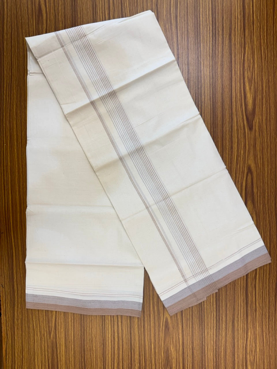 20% Discount! KaithariKada Balaramapuram 100% Cotton Off white Double Mundu/Dhoti - (100x80)S - 1.25 inch Brown & Lavender Shaded Striped Kara - 4mtr (8.5muzham) - 90 KK5255 VAS