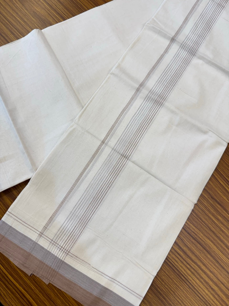 20% Discount! KaithariKada Balaramapuram 100% Cotton Off white Double Mundu/Dhoti - (100x80)S - 1.25 inch Brown & Lavender Shaded Striped Kara - 4mtr (8.5muzham) - 90 KK5255 VAS