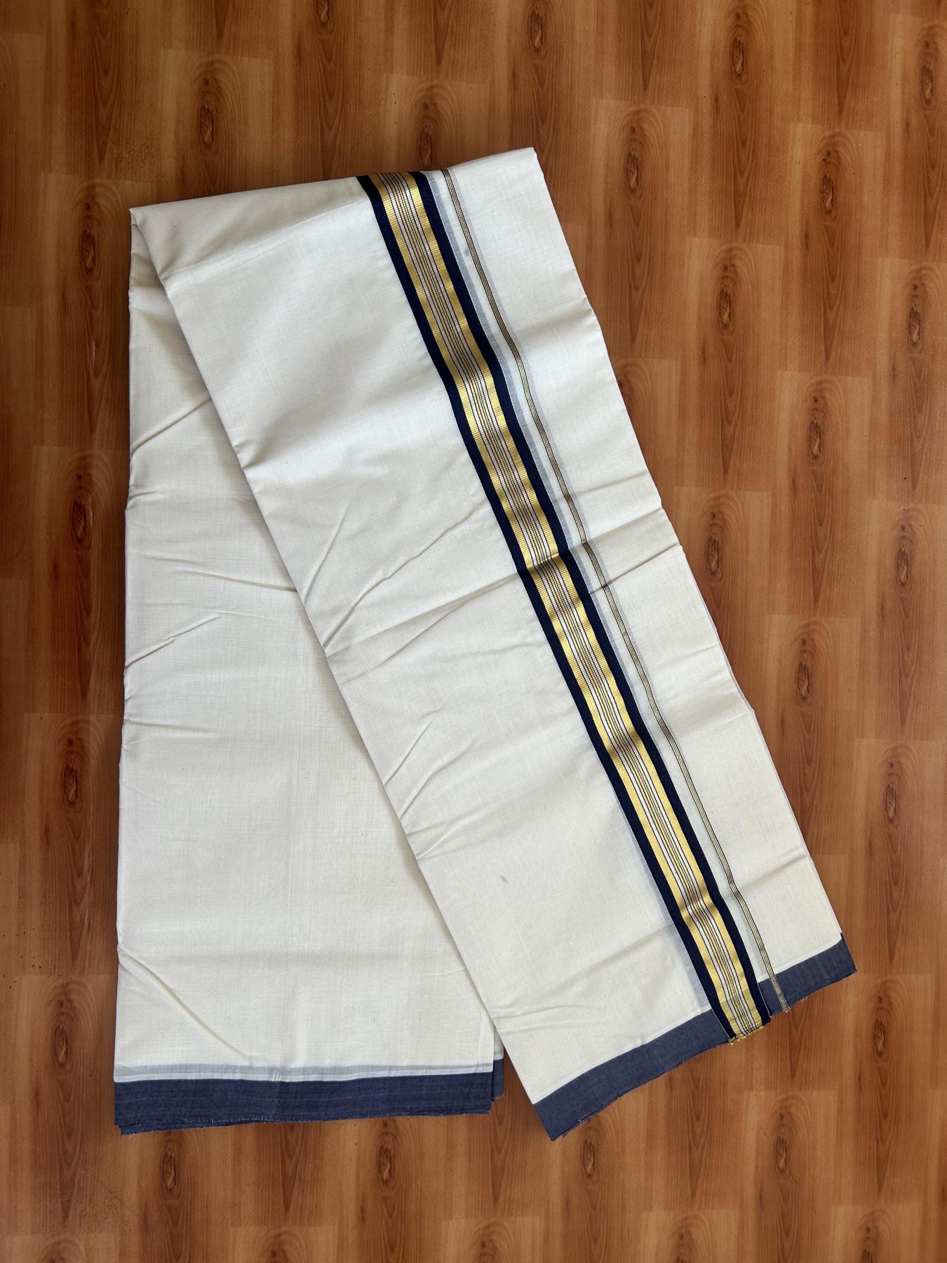 25% Discount! KaithariKada Handloom Millpaav - Kerala Handloom - Cotton Double Mundu/Dhoti Off white (Unbleached) - 80x90 - 1.5 inch Gold & Silver Kasav Navy Blue Stripes Kara 4.00 meter (8.5 Muzham) - 112 KK5383 RAM