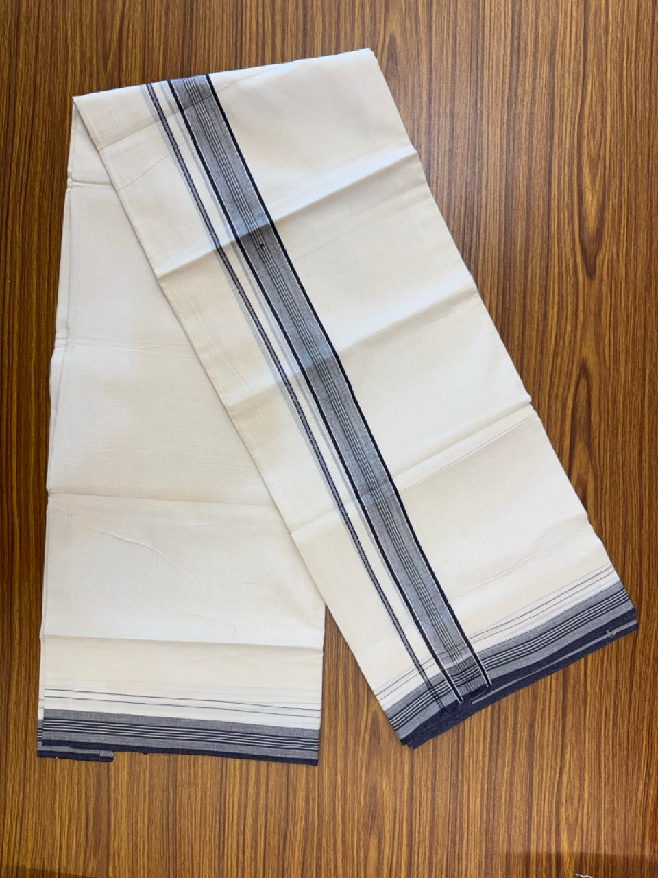 20% Discount! KaithariKada Balaramapuram 100% Cotton Off white Double Mundu/Dhoti - (100x80)S - 1.5 inch Navy Blue Shaded Striped Kara - 4mtr (8.5muzham) - 91 KK5255 VAS