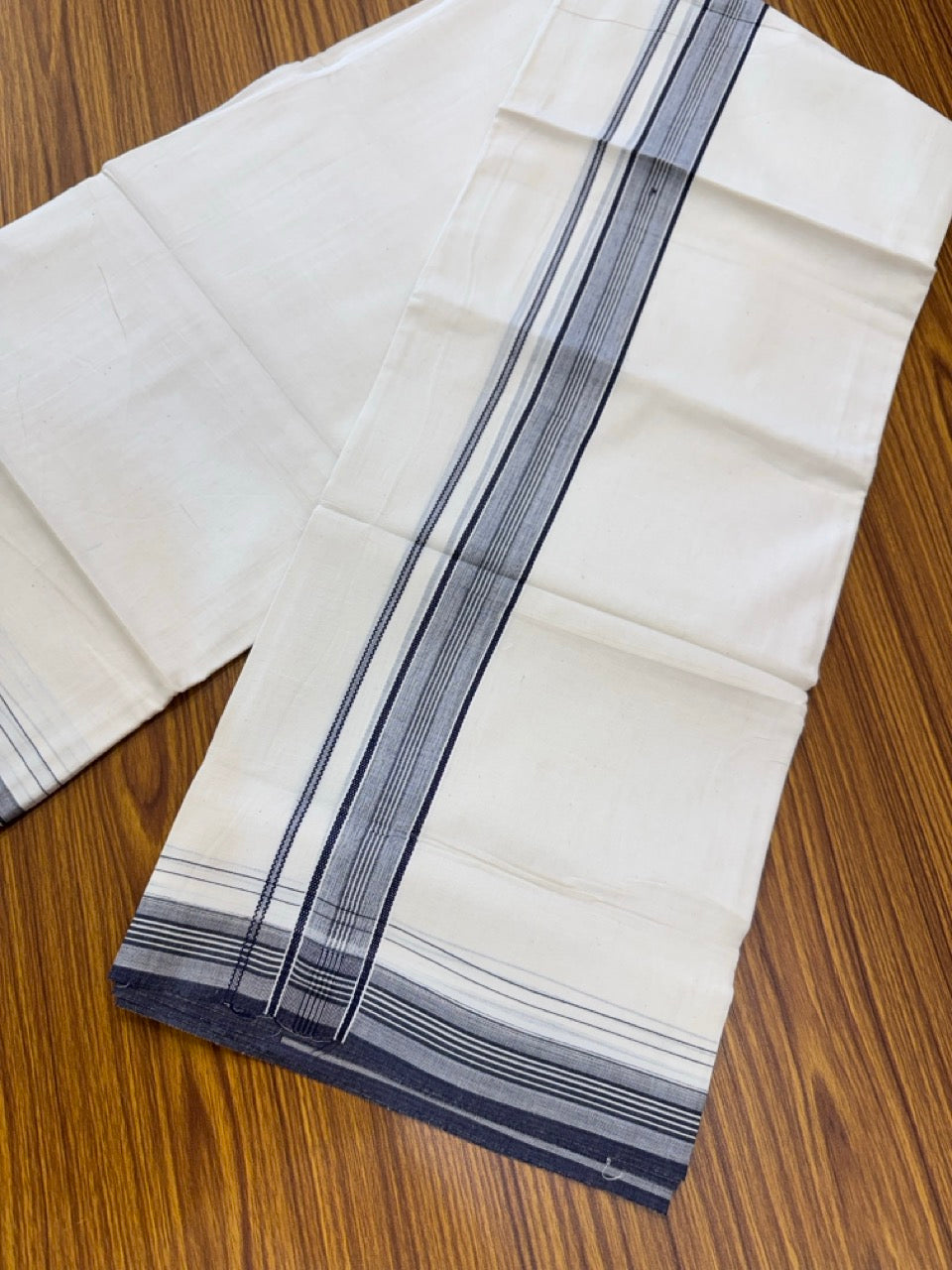 20% Discount! KaithariKada Balaramapuram 100% Cotton Off white Double Mundu/Dhoti - (100x80)S - 1.5 inch Navy Blue Shaded Striped Kara - 4mtr (8.5muzham) - 91 KK5255 VAS