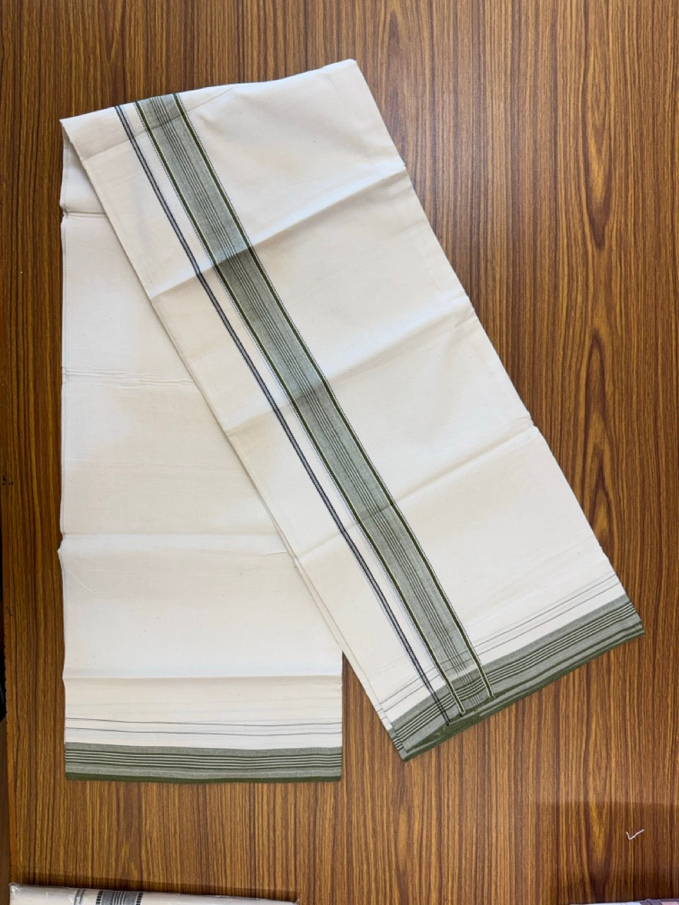 20% Discount! KaithariKada Balaramapuram 100% Cotton Off white Double Mundu/Dhoti - (100x80)S - 1.5 inch Olive Green Shaded Striped Kara - 4mtr (8.5muzham) - 92 KK5255 VAS