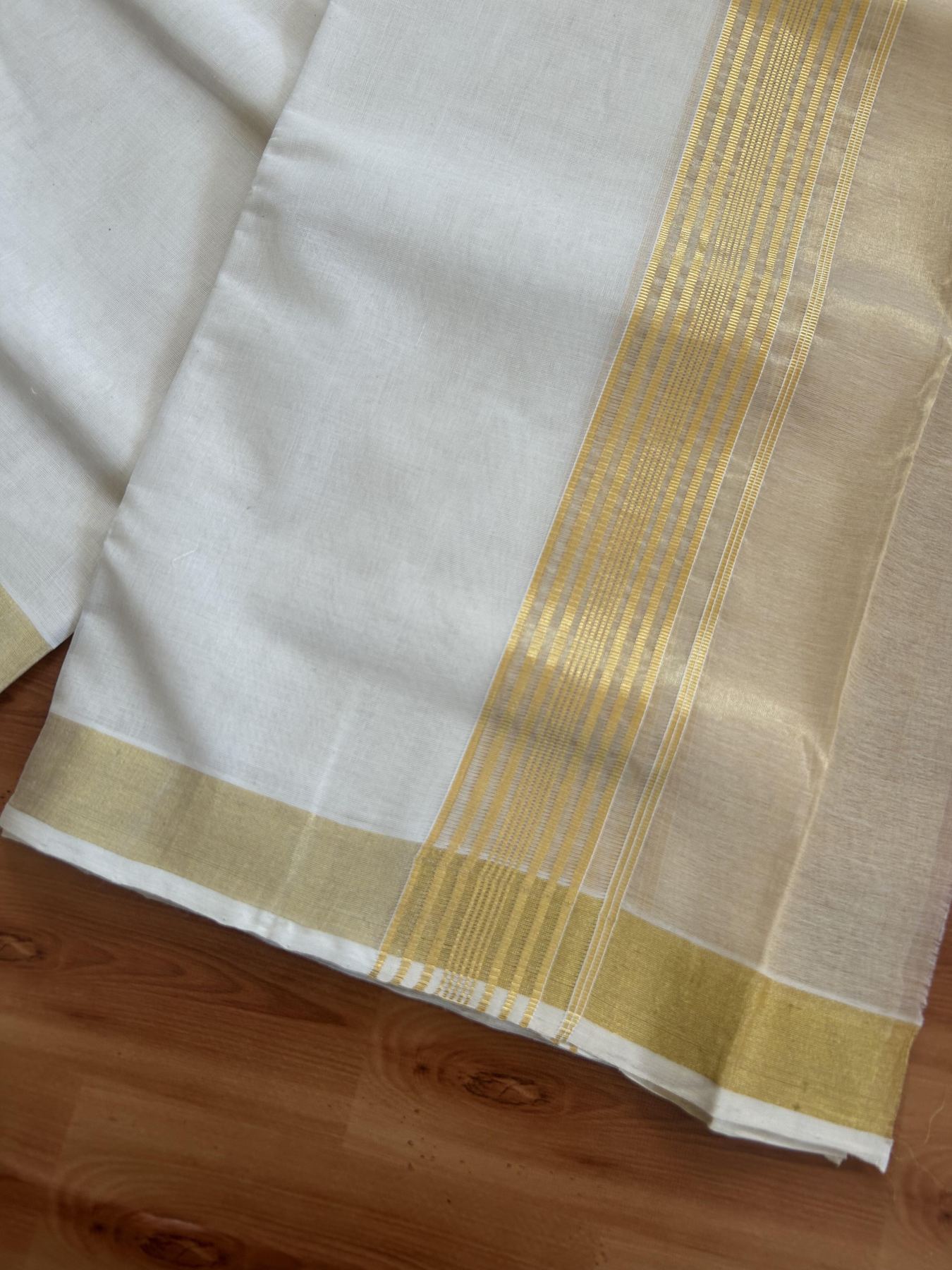 25% Discount ! KaithariKada Handloom Milpaav - Kerala Handloom - Pure Cotton Off White - (Unbleached) Double Mundu/Dhoti - 80X90 - 6.75 inch Gold Kasav Striped & Half Tissue Kara 4 mtr (8.5 Muzham) - 45 KK5383 RAM