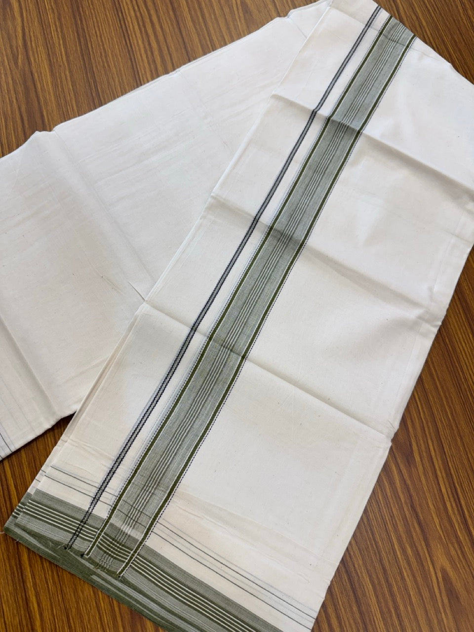 20% Discount! KaithariKada Balaramapuram 100% Cotton Off white Double Mundu/Dhoti - (100x80)S - 1.5 inch Olive Green Shaded Striped Kara - 4mtr (8.5muzham) - 92 KK5255 VAS