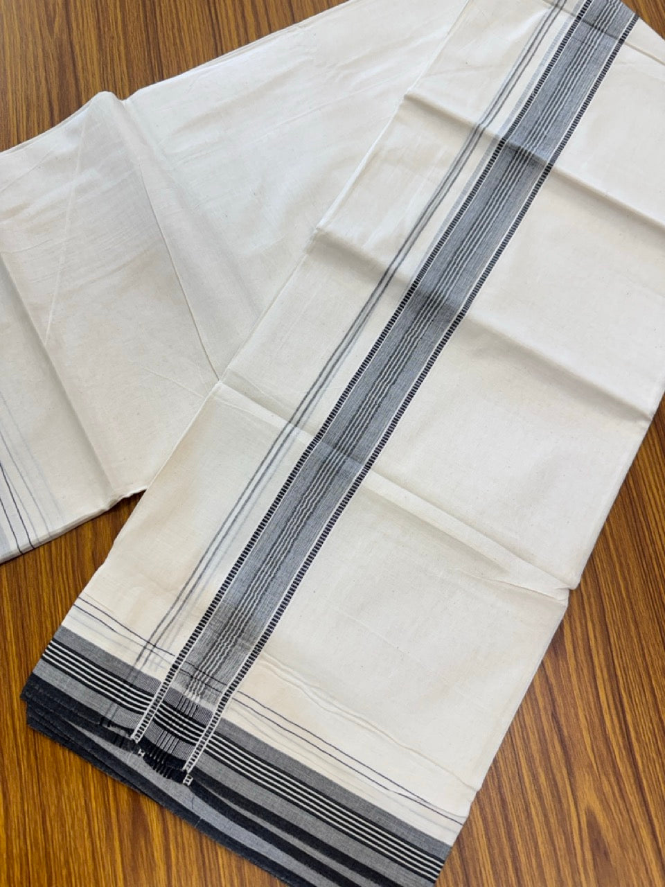 20% Discount! KaithariKada Balaramapuram 100% Cotton Off white Double Mundu/Dhoti - (100x80)S - 1.5 inch Black Shaded Striped Kara - 4mtr (8.5muzham) - 93 KK5255 VAS
