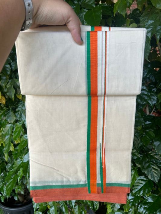 BJP VESHTI - 20% DISCOUNT! KaithariKada 100% Cotton off white Double - (Unbleached) Mundu/Dhoti - 100X80 - 0.75 inch Puliyilakkara Orange & Green Chutty Kara - 4mtr (8.5 muzham) - 18KK5238 ASH