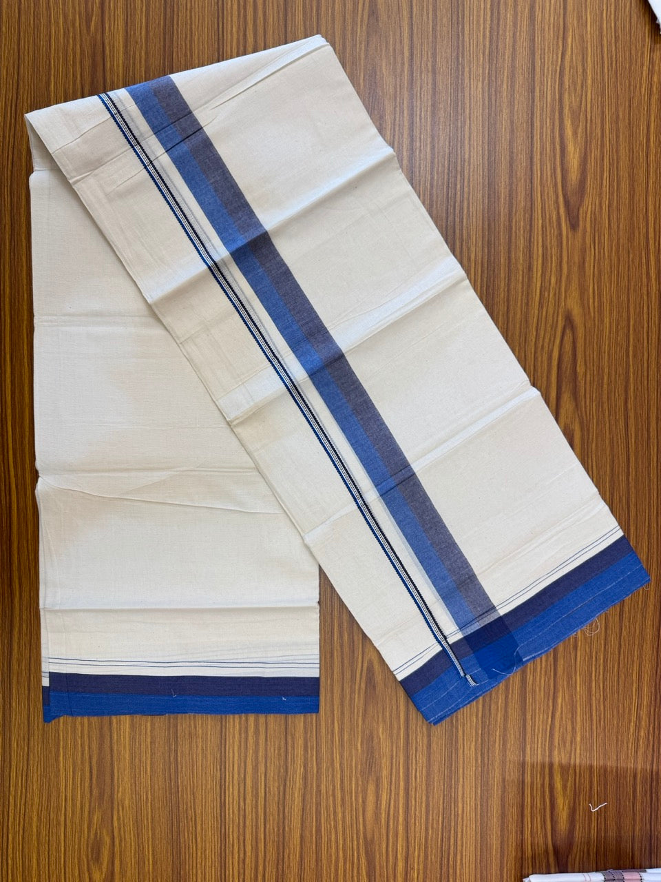 20% Discount! KaithariKada Balaramapuram 100% Cotton Off white Double Mundu/Dhoti - (100x80)S - 1.5 inch Navy Blue & Blue Shaded Kara - 4mtr (8.5muzham) - 94 KK5255 VAS