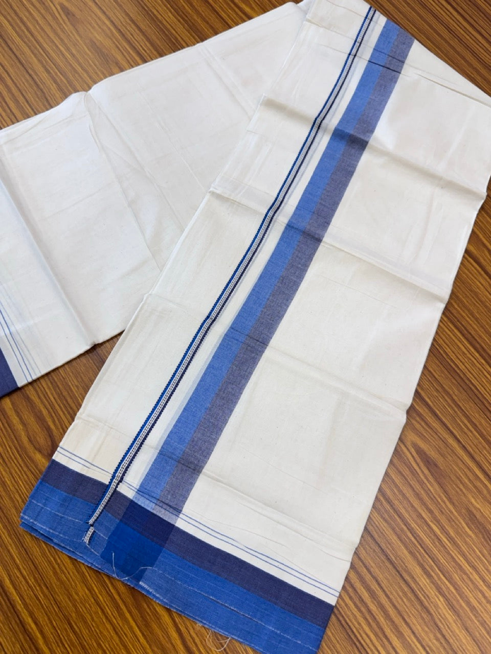 20% Discount! KaithariKada Balaramapuram 100% Cotton Off white Double Mundu/Dhoti - (100x80)S - 1.5 inch Navy Blue & Blue Shaded Kara - 4mtr (8.5muzham) - 94 KK5255 VAS