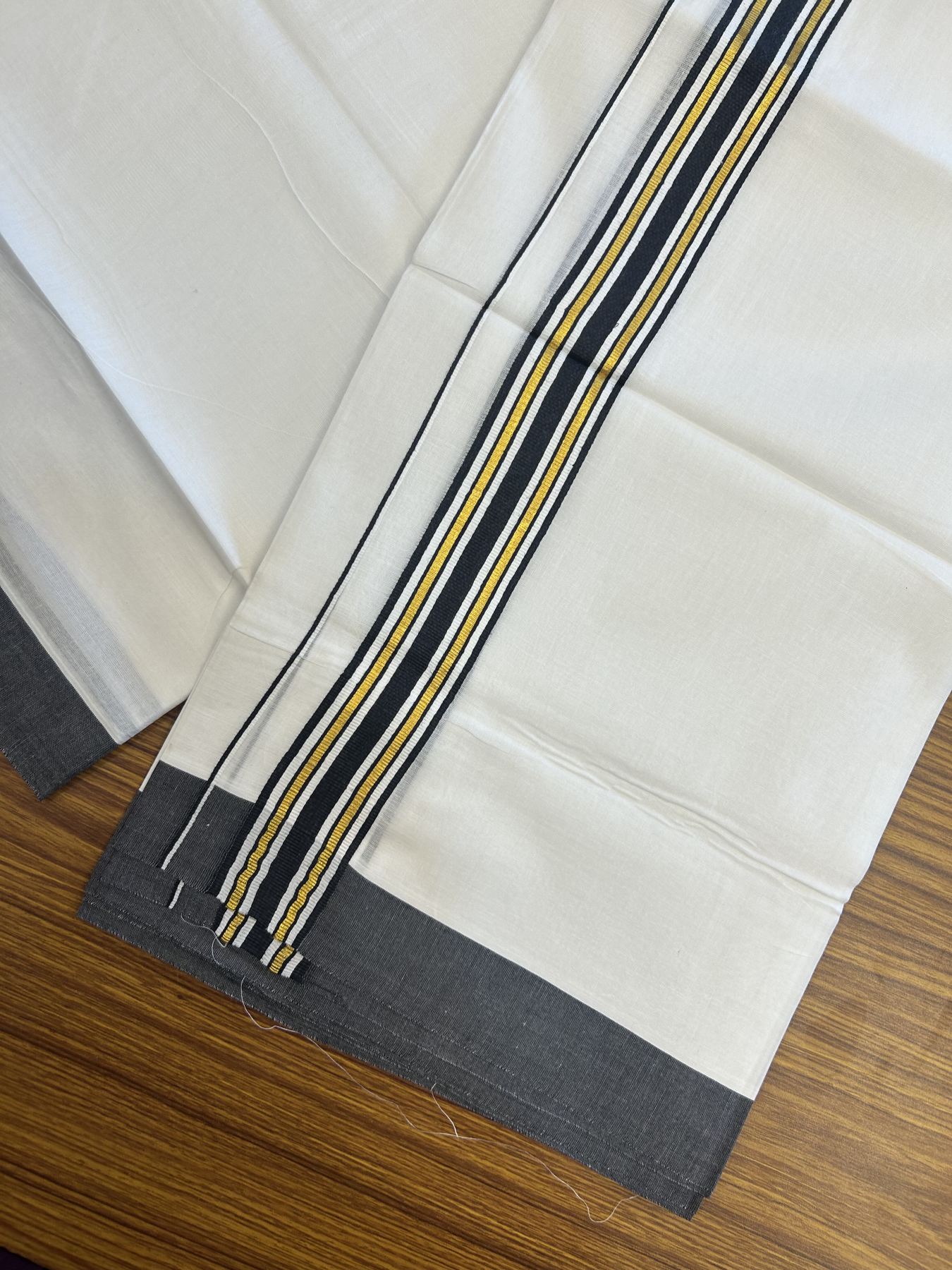 20% Discount! KaithariKada Balaramapuram 100% Cotton Double Pure white Mundu/Dhoti- 100x80 - 1.25 inch Gold Kasav & Black Stripes kara 3.75 mtr ( 8 muzham) - 37 KK5315 VAS