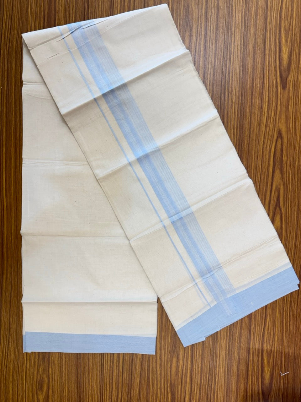 20% Discount! KaithariKada Balaramapuram 100% Cotton Off white Double Mundu/Dhoti - (100x80)S - 1.75 inch Sky Blue Shaded & Striped Kara - 4mtr (8.5muzham) - 95 KK5255 VAS