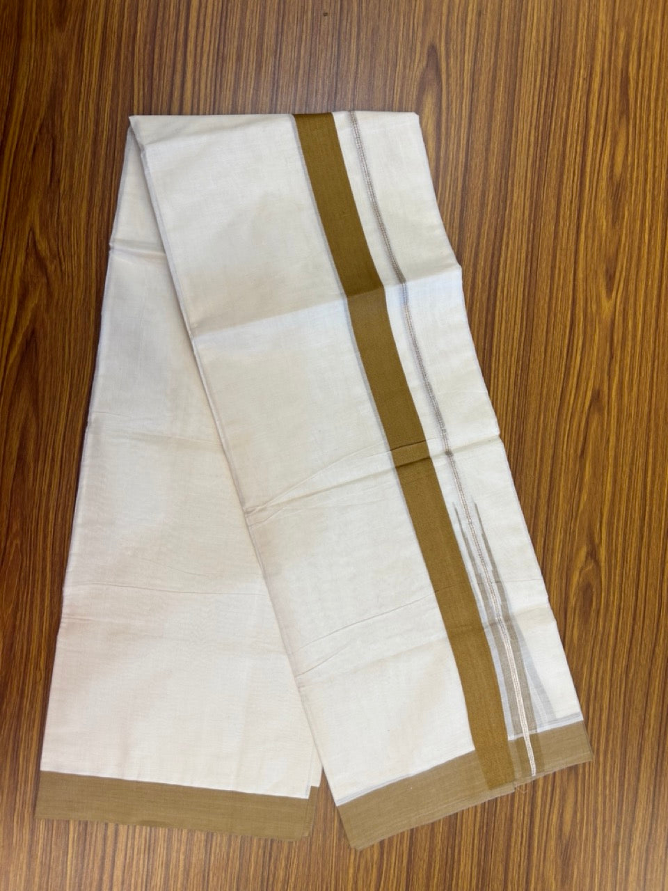20% Discount ! KaithariKada Balaramapuram 100% Cotton Double OFF WHITE - (Unbleached) - Mundu / Dhoti- 100x80 - Puliyilakkara 1.5 inch Silver kasavu & Sand Brown striped chutty Kara - 4 KK5273 VIN