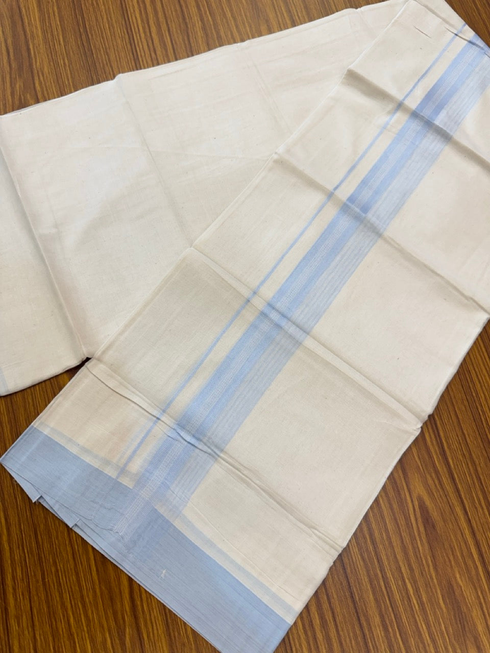 20% Discount! KaithariKada Balaramapuram 100% Cotton Off white Double Mundu/Dhoti - (100x80)S - 1.75 inch Sky Blue Shaded & Striped Kara - 4mtr (8.5muzham) - 95 KK5255 VAS