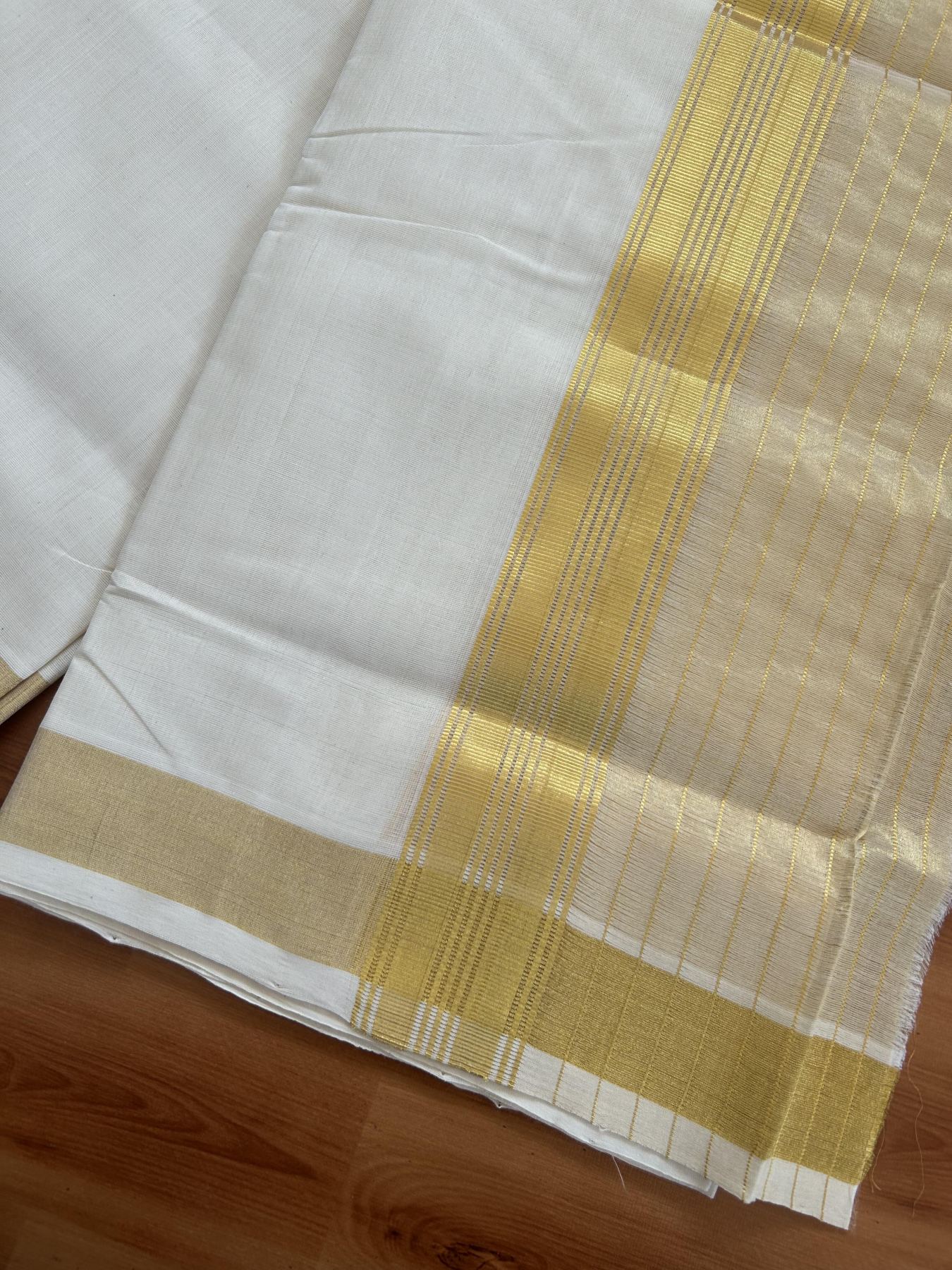 25% Discount ! KaithariKada Handloom Milpaav - Kerala Handloom - Pure Cotton Off White - (Unbleached) Double Mundu/Dhoti - 80X90 - 6.75 inch Gold Kasav Striped & Half Tissue Kara 4 mtr (8.5 Muzham) - 50 KK5383 RAM