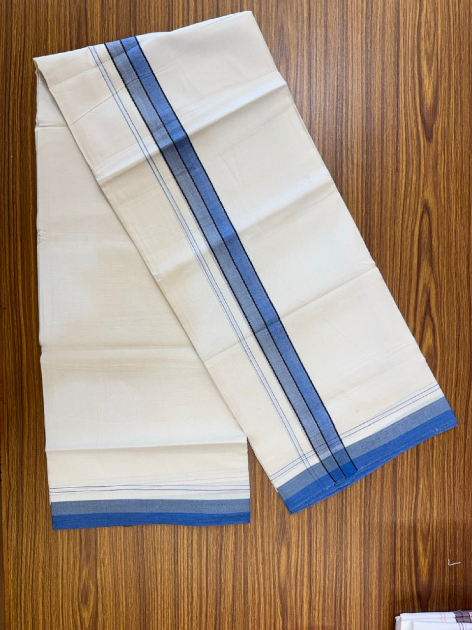 20% Discount! KaithariKada Balaramapuram 100% Cotton Off white Double Mundu/Dhoti - (100x80)S - 1.5 inch Blue & Black Shaded & Striped Kara - 4mtr (8.5muzham) - 96 KK5255 VAS